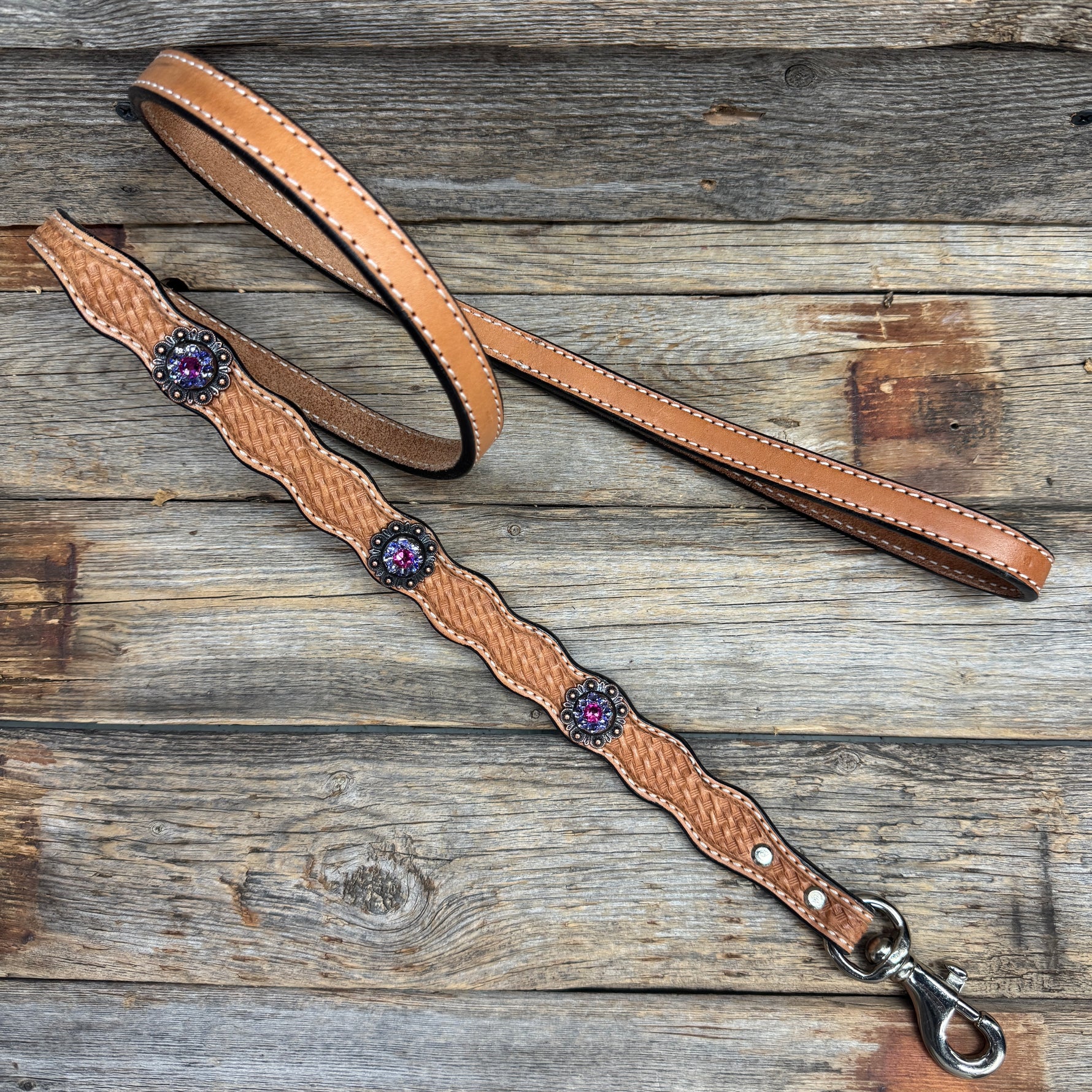 Genuine Leather Dog Collar or Leash With Copper Fuchsia and Lilac Conchos 10" to 22" orDC35