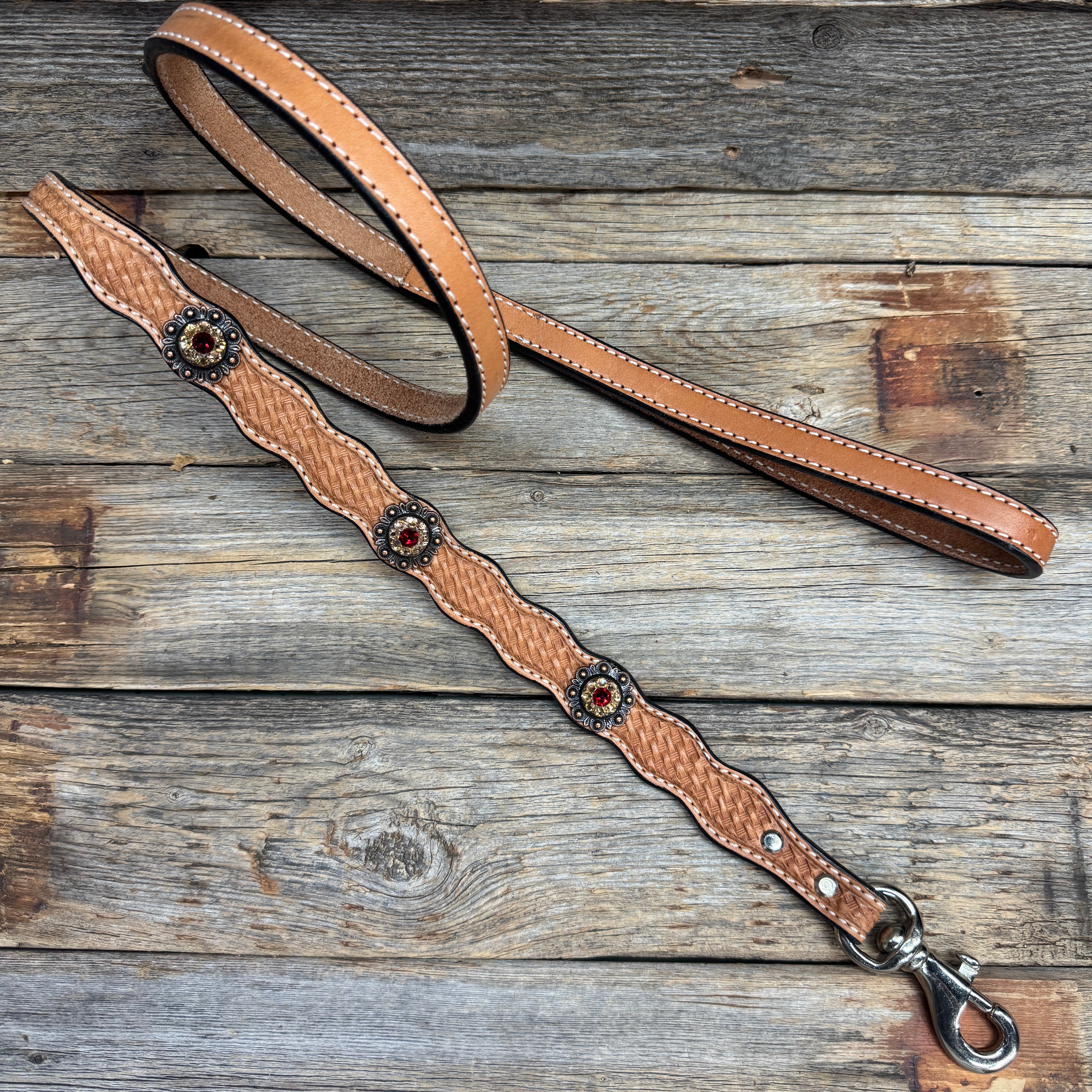 Genuine Leather Dog Collar or Leash With Copper Ruby and Champagne Conchos 10" to 22" orDC38