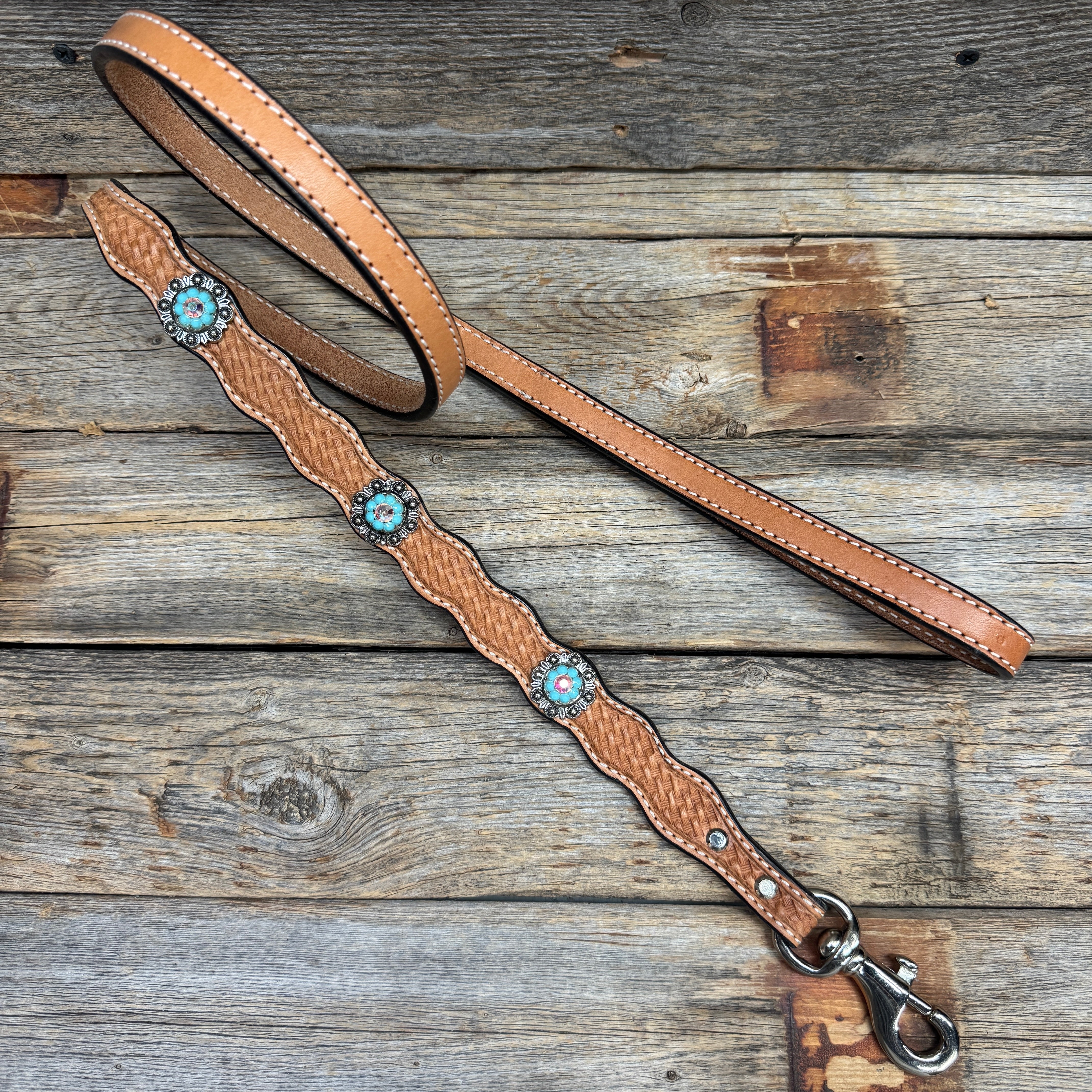 Genuine Leather Dog Collar or Leash With Antique Silver Turquoise and AB Conchos 10" to 22" orDC5