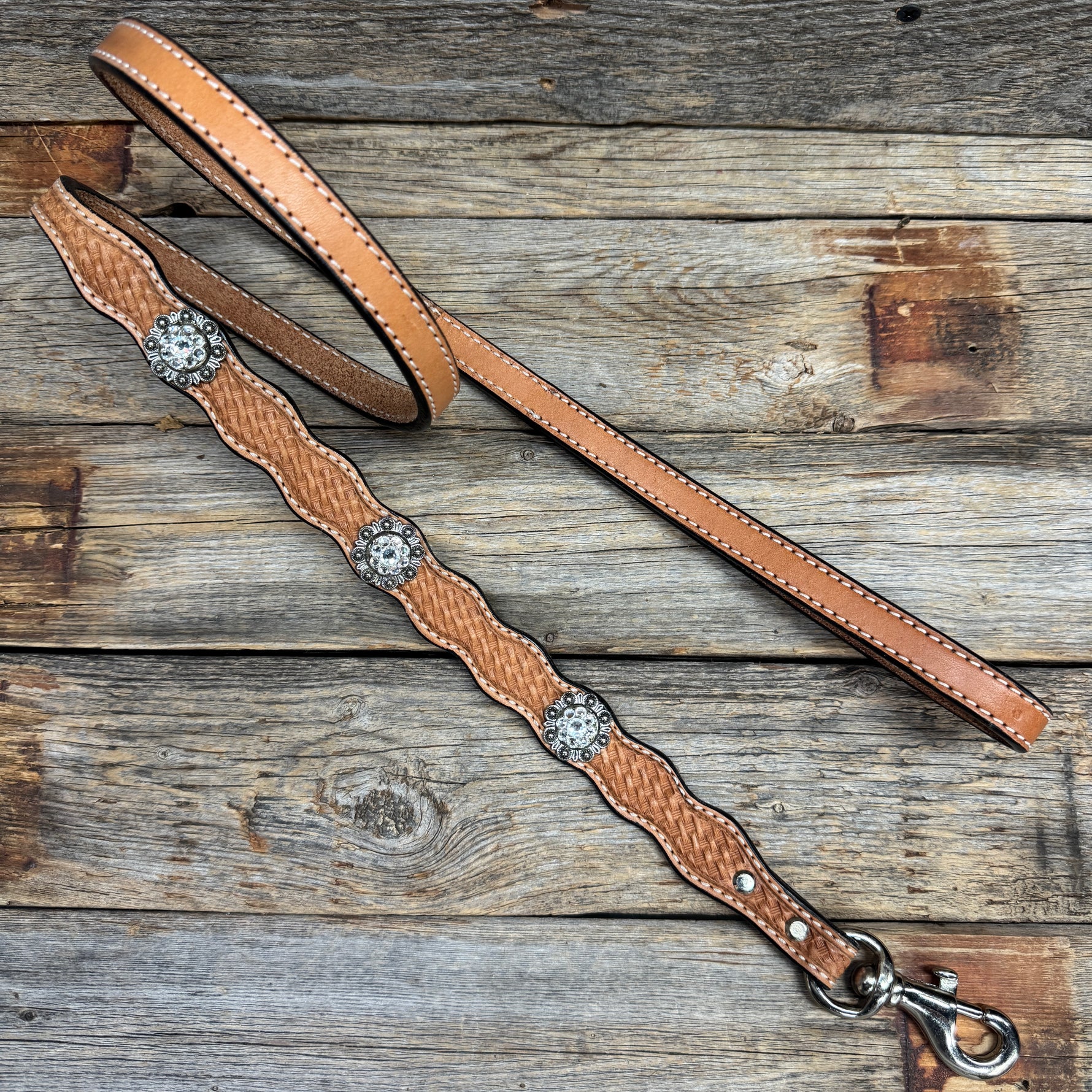 Genuine Leather Dog Collar or Leash With Antique Silver Clear Conchos 10" to 22" orDC44