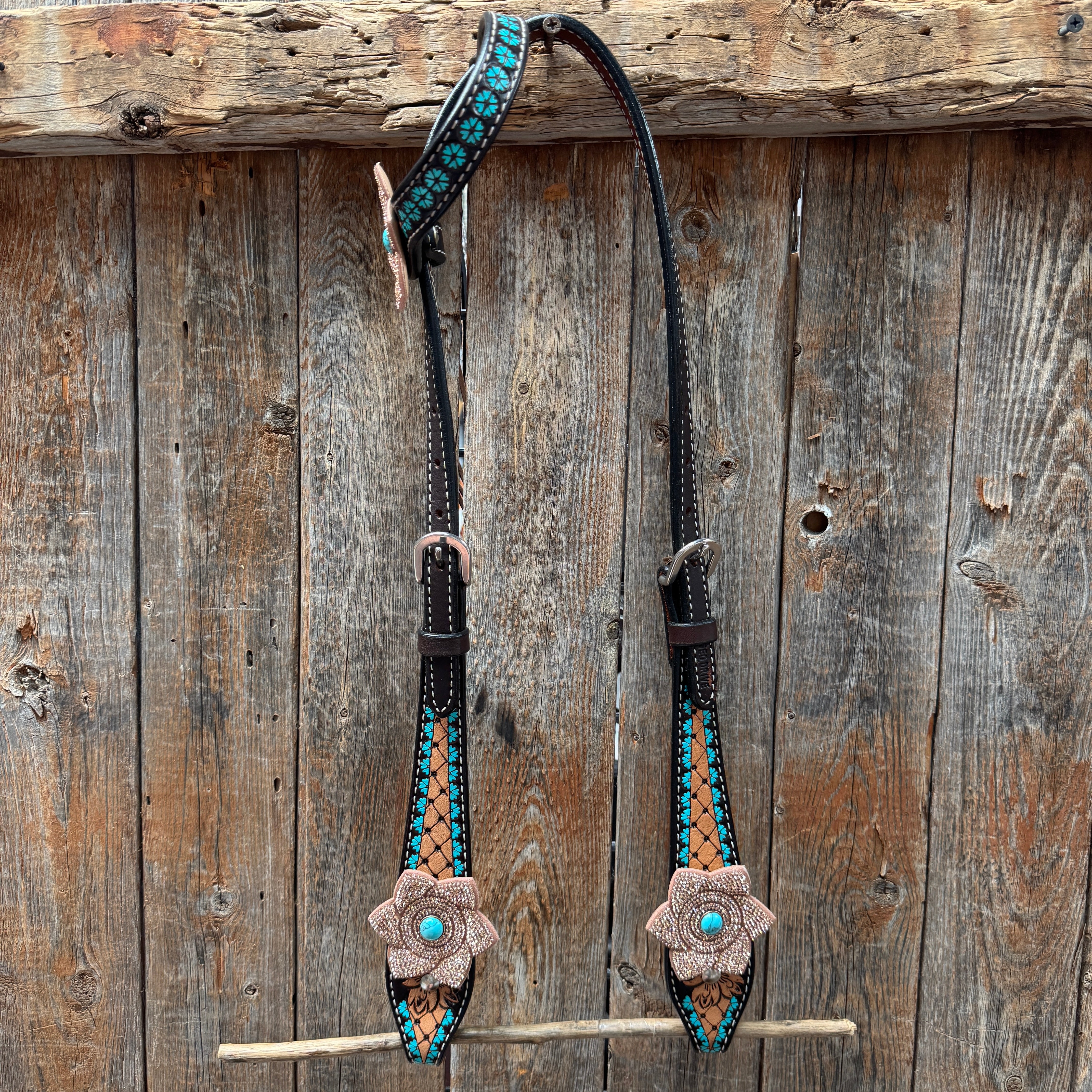 Multi Flower Bling & Turquoise One Ear - Breastcollar Tack Set #OEBC651