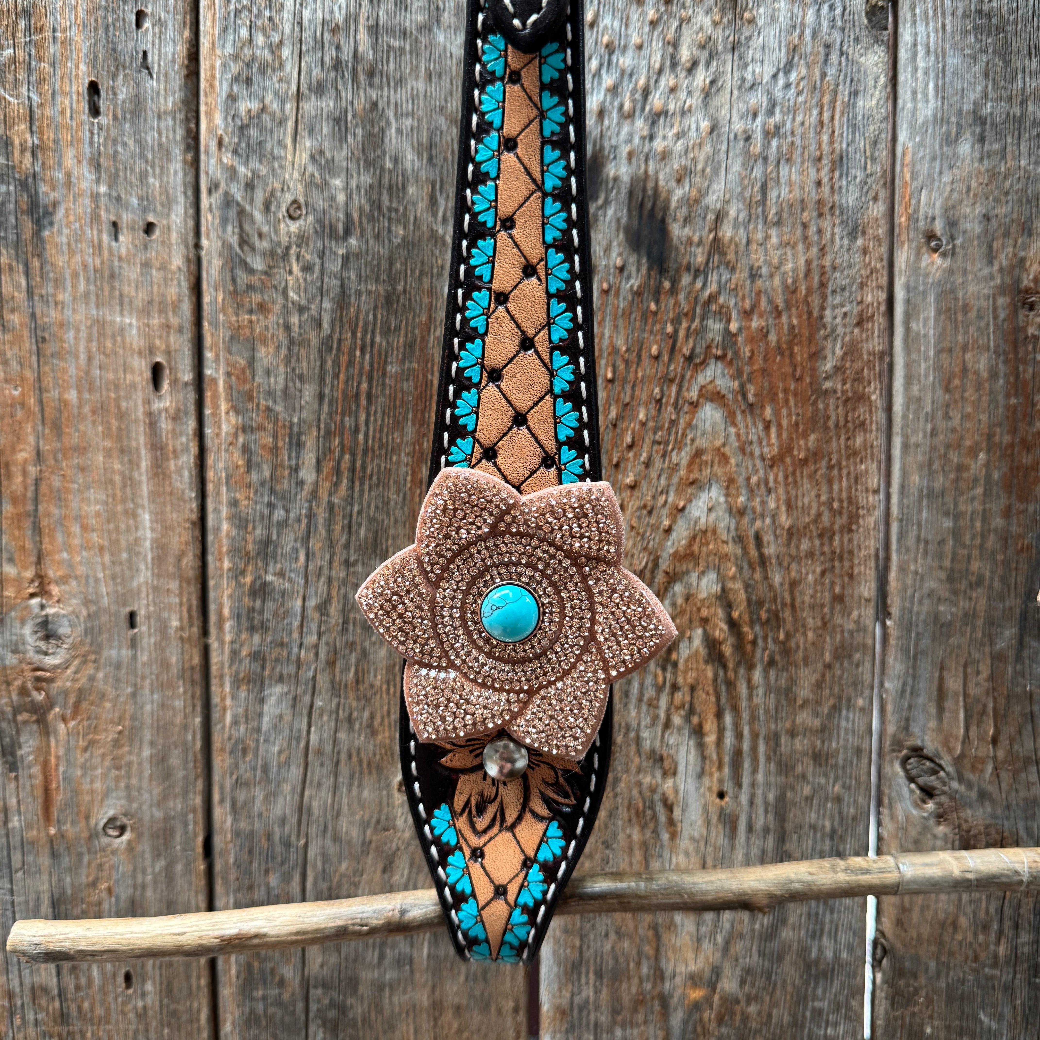 Multi Flower Bling & Turquoise One Ear - Breastcollar Tack Set #OEBC651