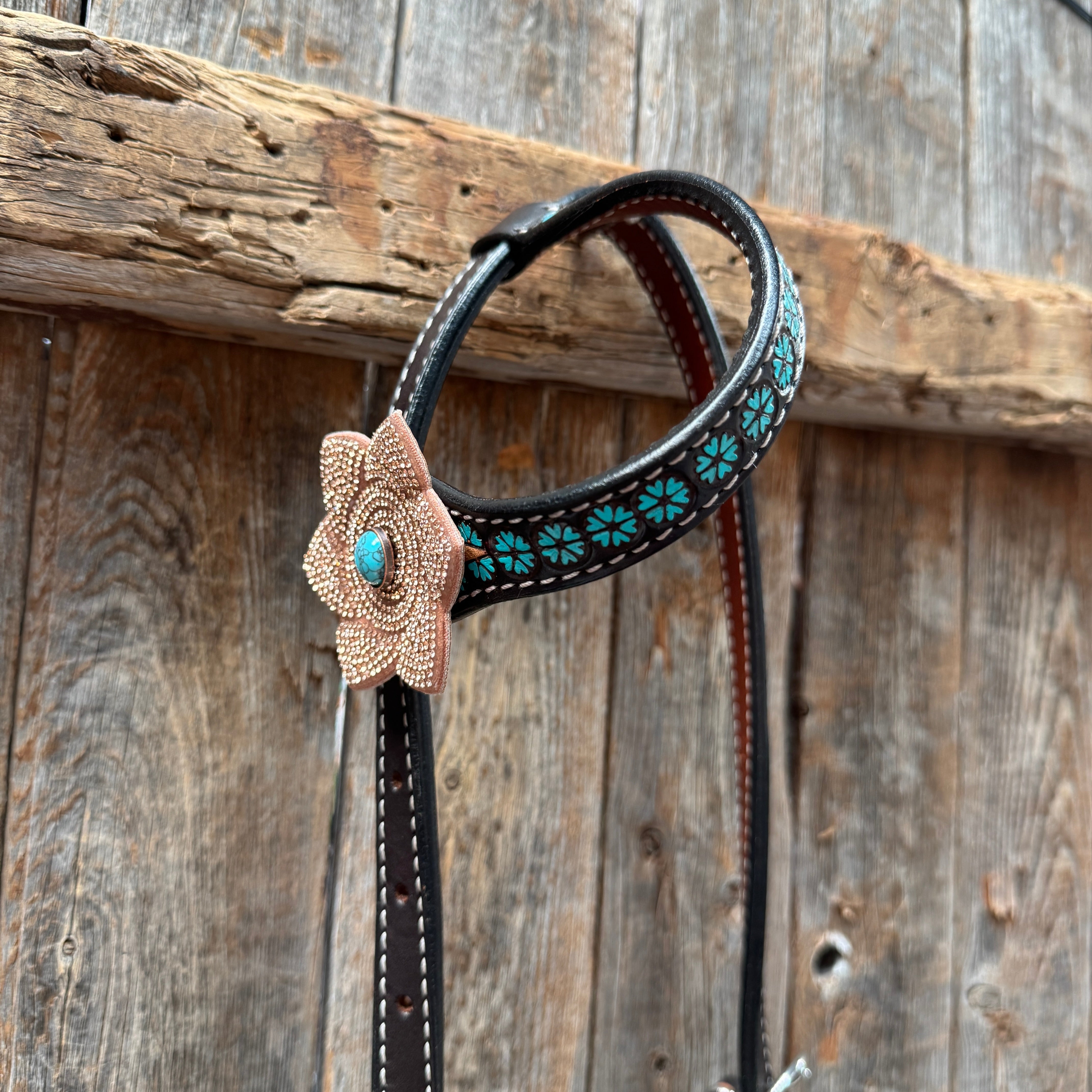 Multi Flower Bling & Turquoise One Ear - Breastcollar Tack Set #OEBC651