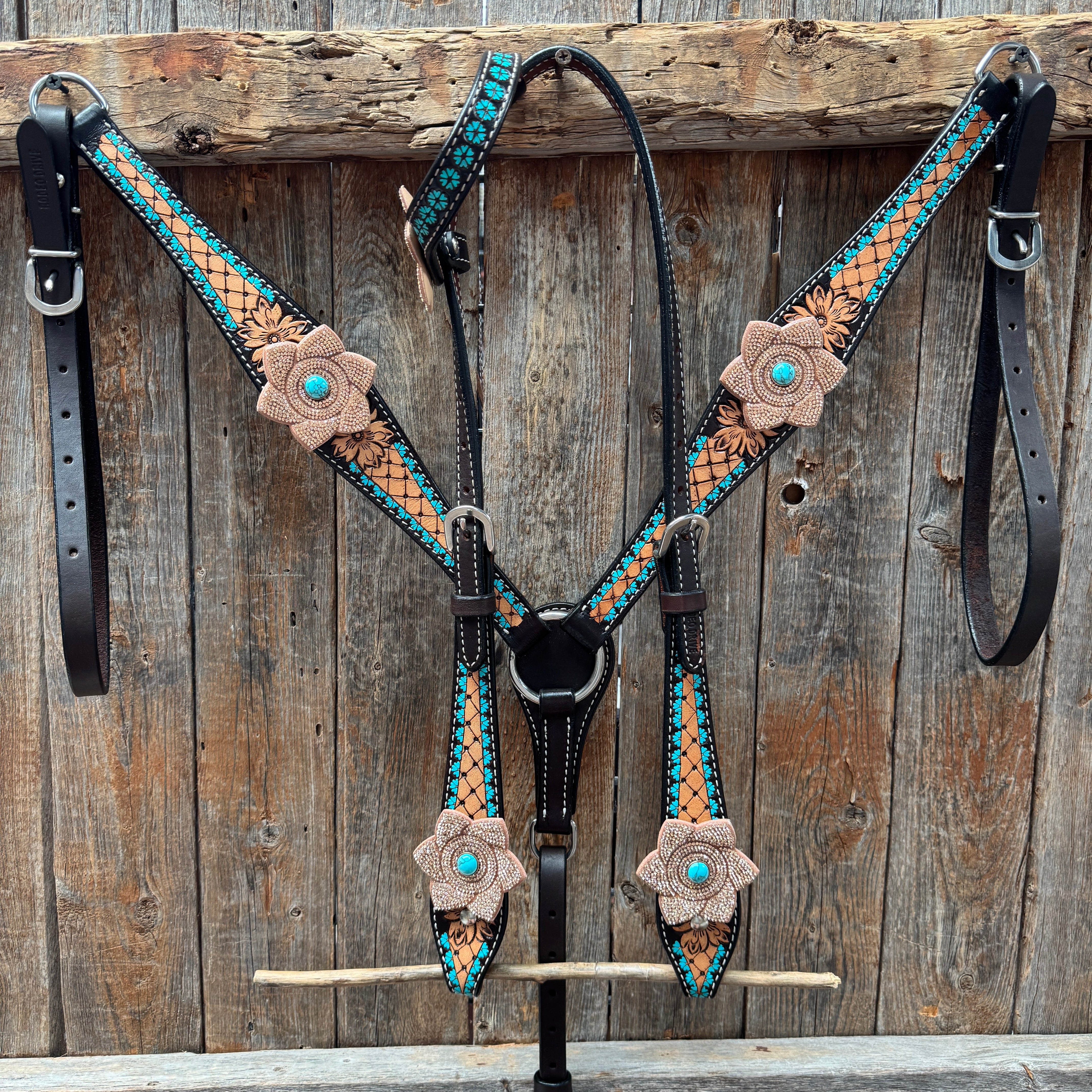 Multi Flower Bling & Turquoise One Ear - Breastcollar Tack Set #OEBC651