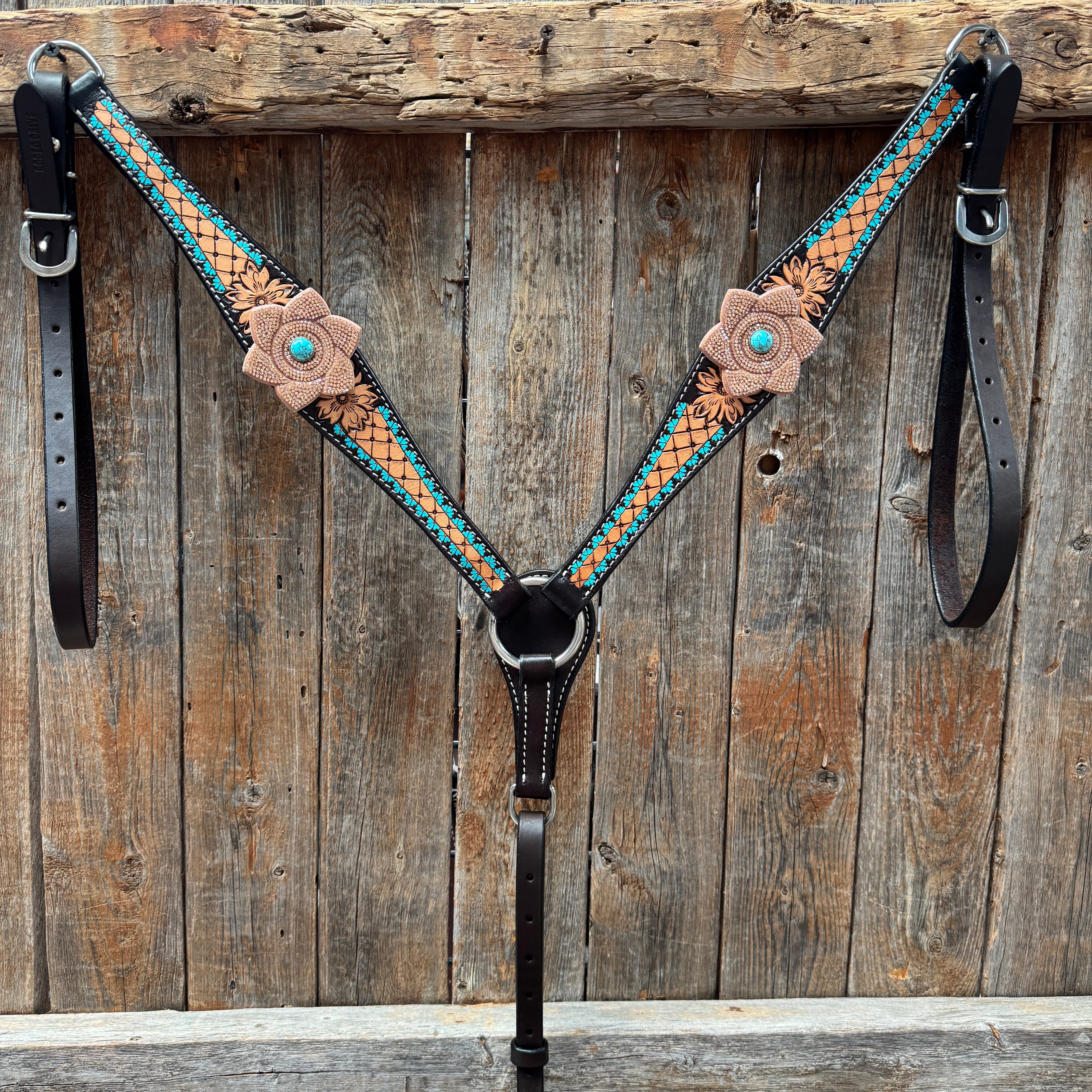 Multi Flower Bling & Turquoise One Ear - Breastcollar Tack Set #OEBC651