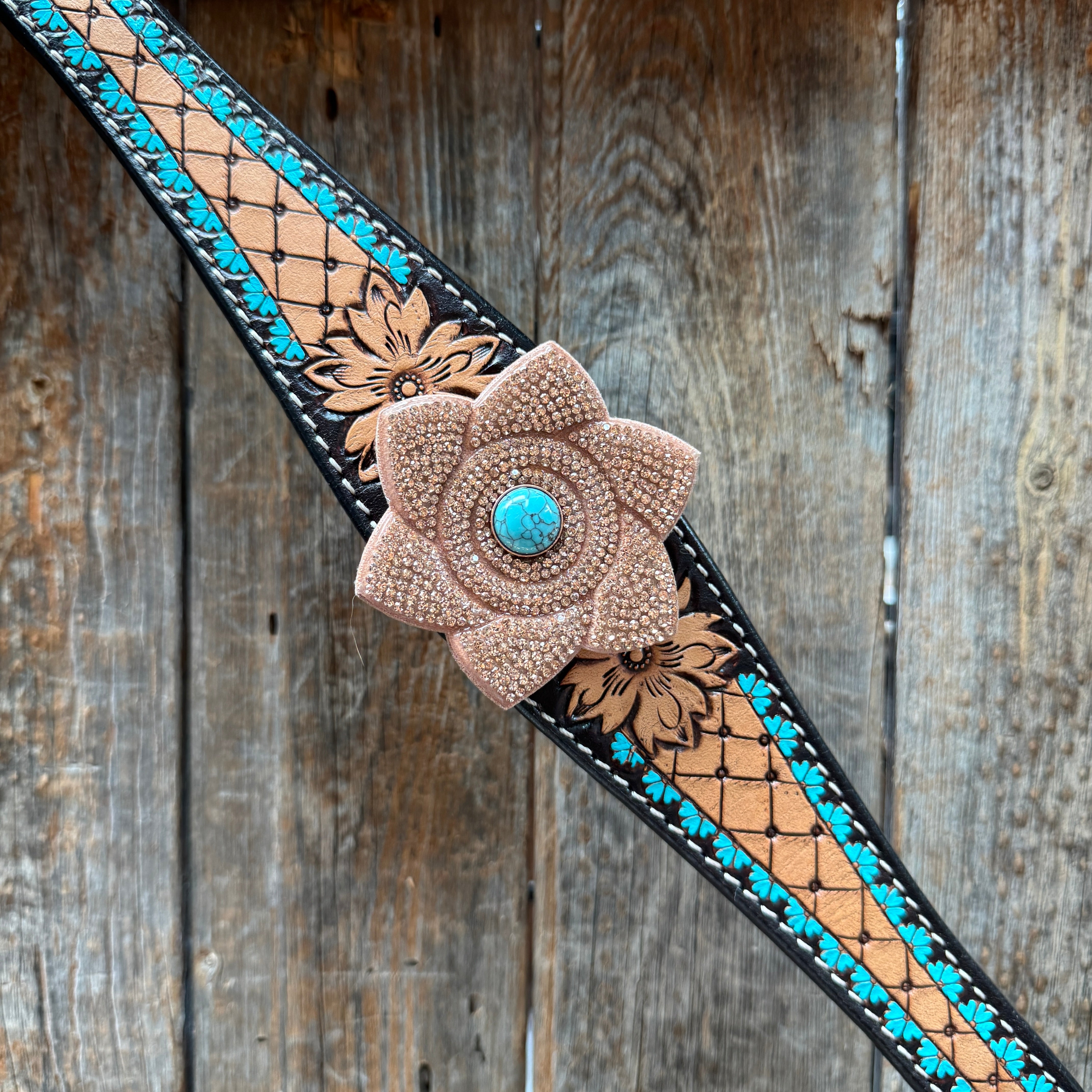 Multi Flower Bling & Turquoise One Ear - Breastcollar Tack Set #OEBC651