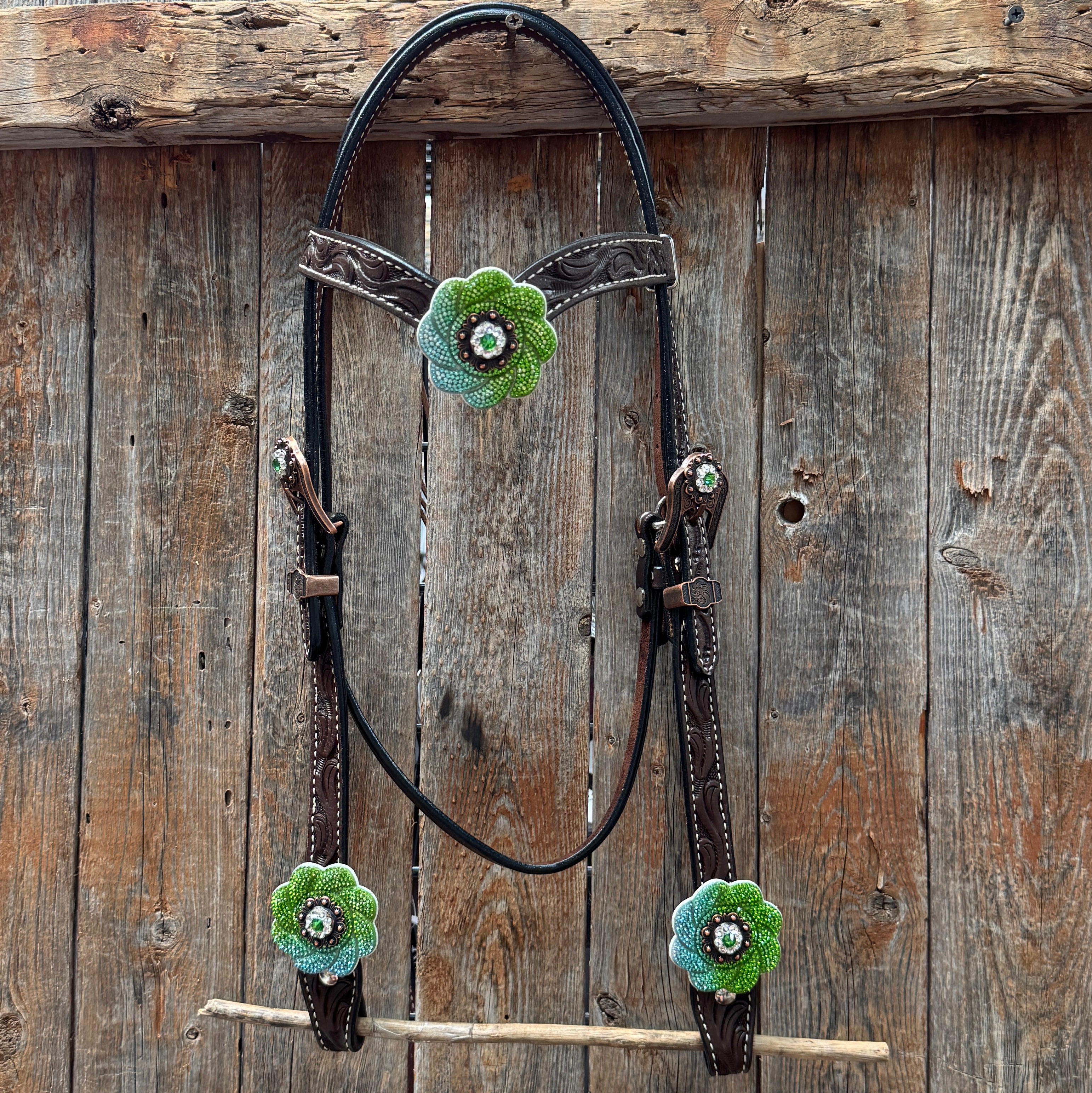 Dark Oil Floral Tooled Fern and Clear Browband & Breastcollar Tack Set #BBBC652