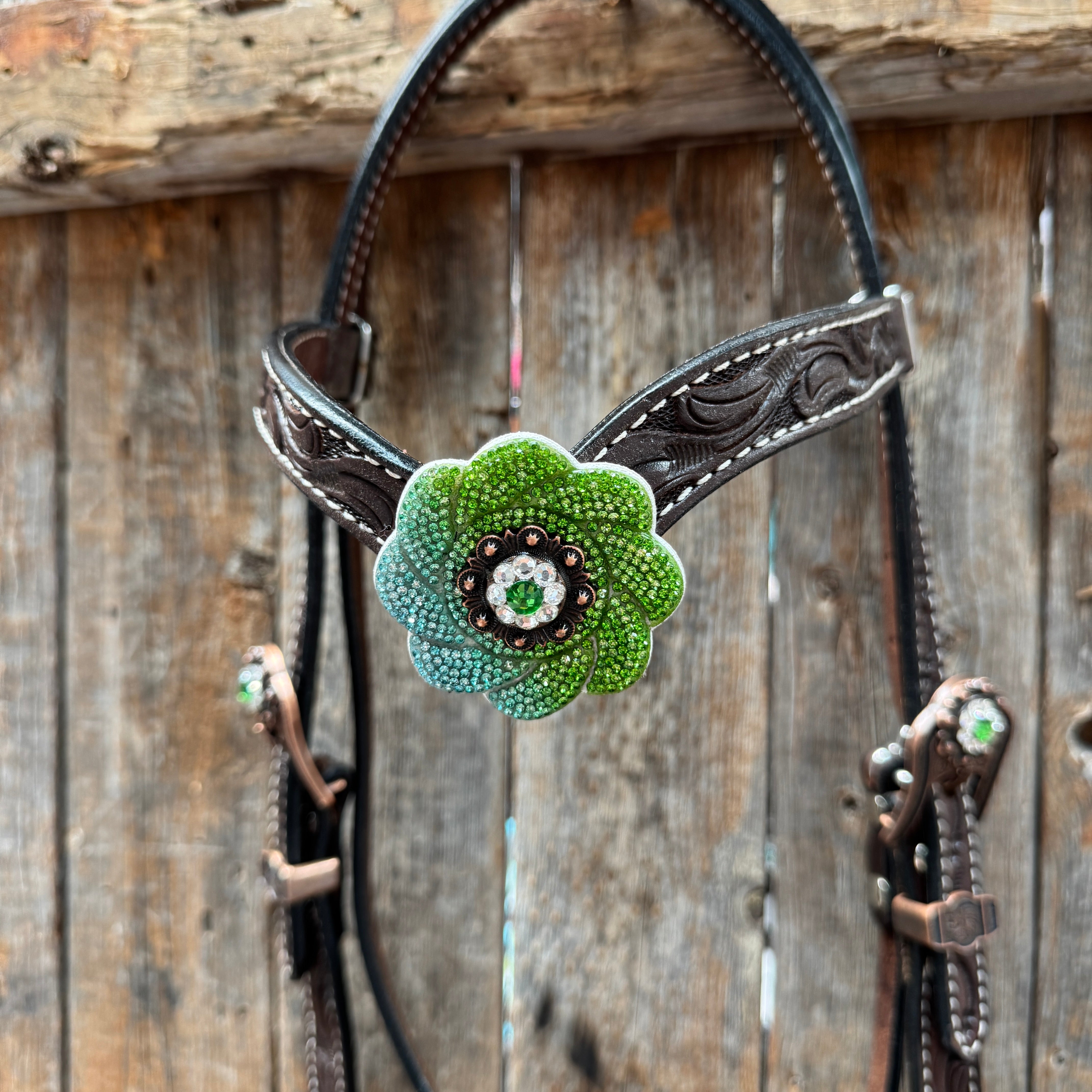 Dark Oil Floral Tooled Fern and Clear Browband & Breastcollar Tack Set #BBBC652