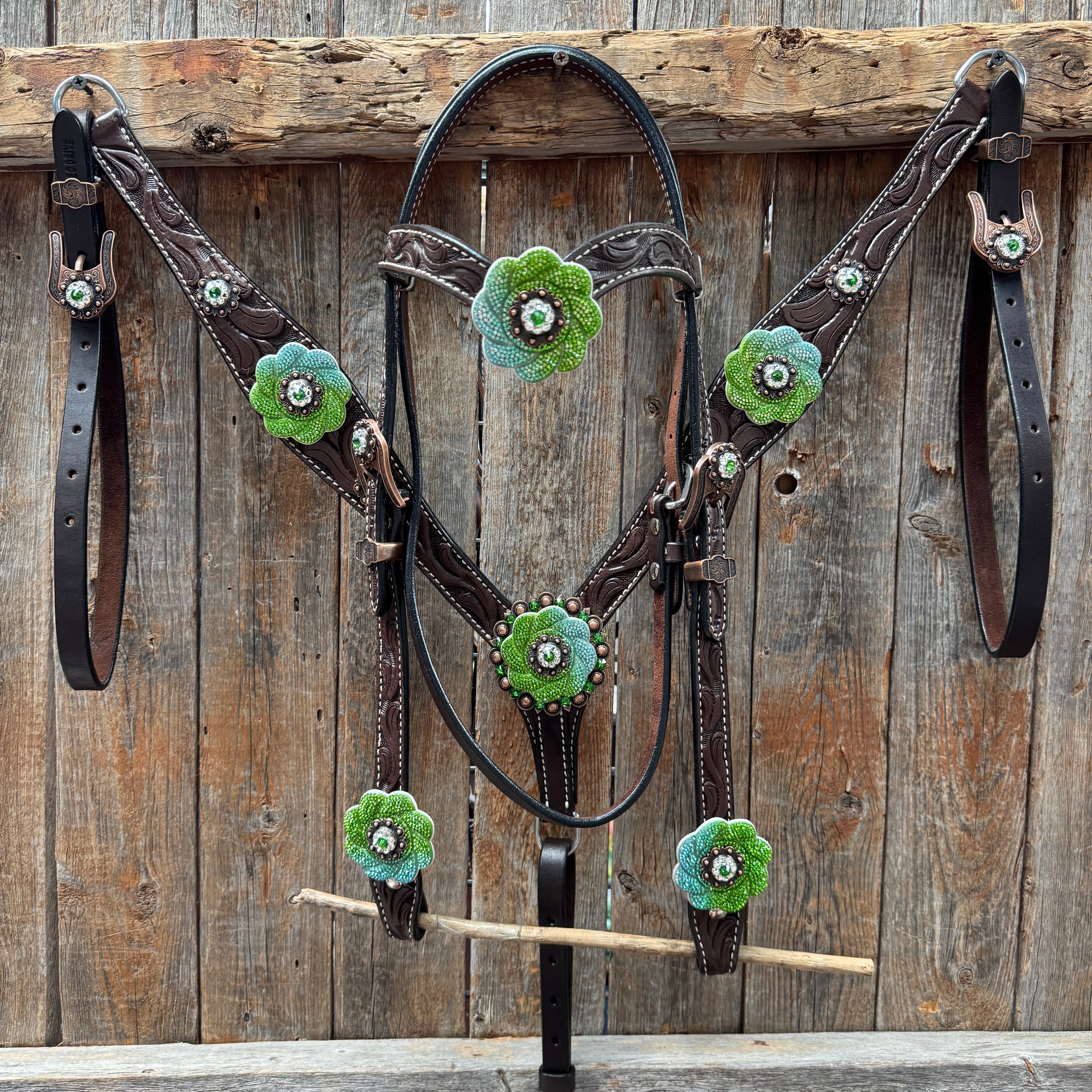 Dark Oil Floral Tooled Fern and Clear Browband & Breastcollar Tack Set #BBBC652