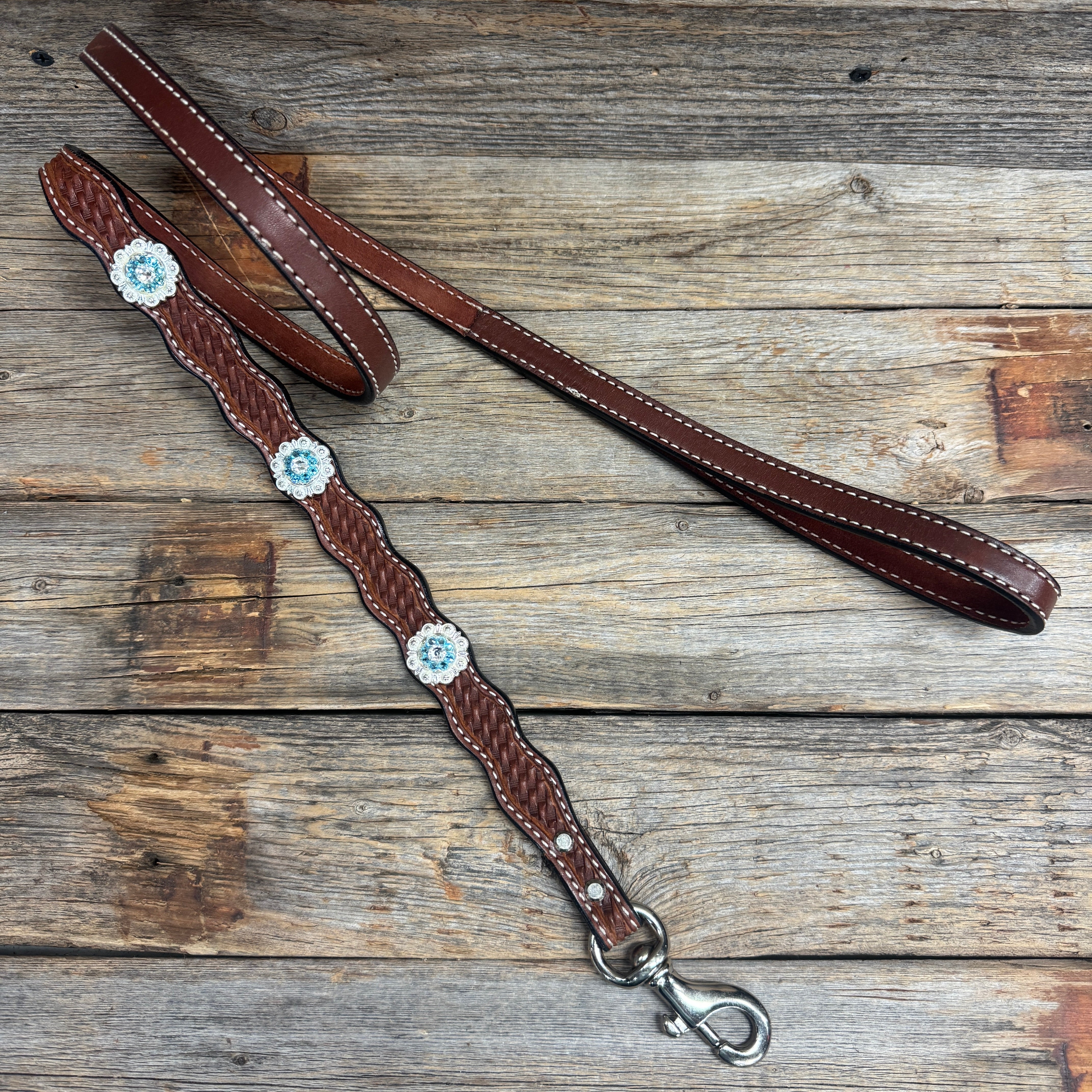 Genuine Leather Dog Collar or Leash With Bright Silver Aqua and Clear  Conchos 10" to 22" orDC47