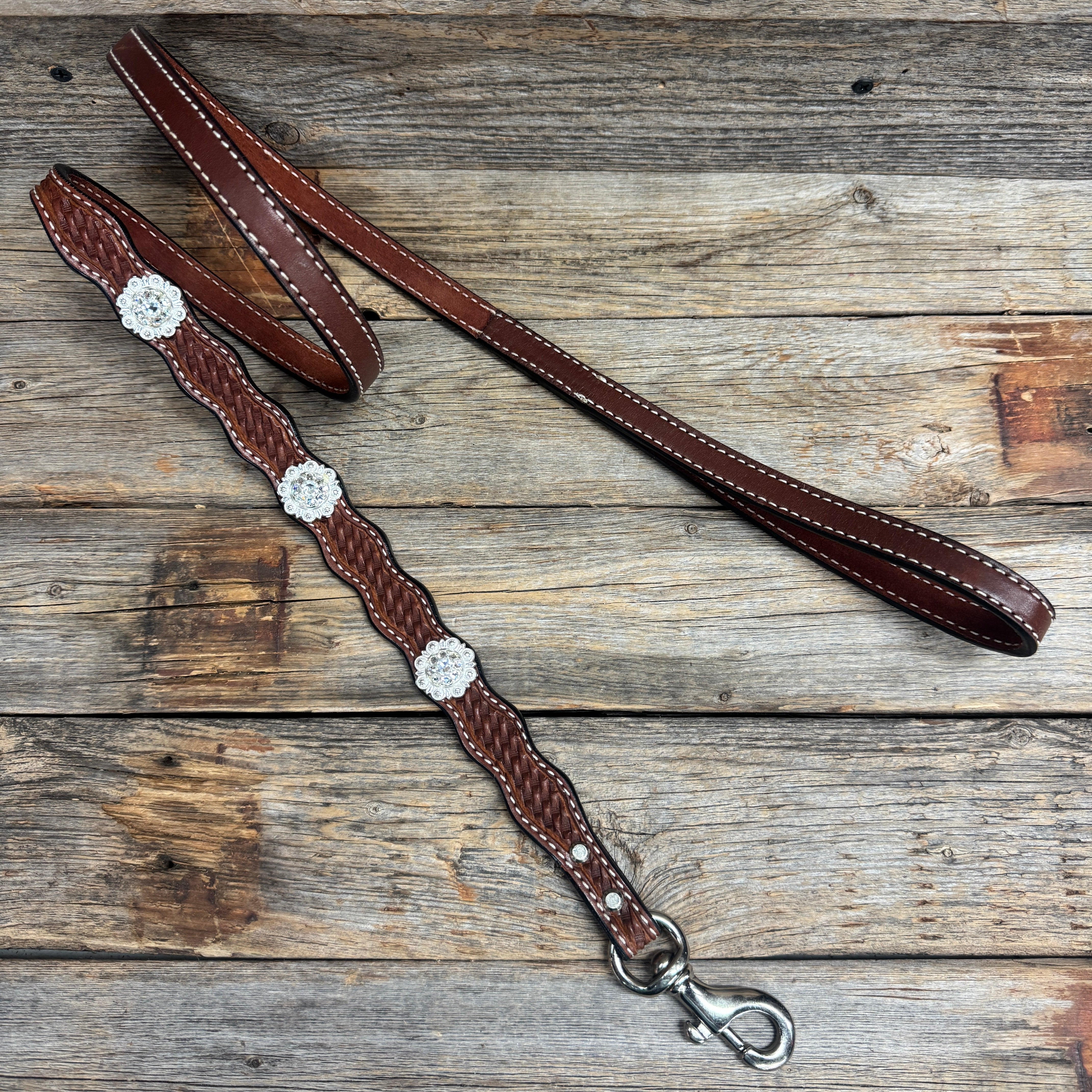 Genuine Leather Dog Collar or Leash With Bright Silver Clear Conchos 10" to 22" orDC1