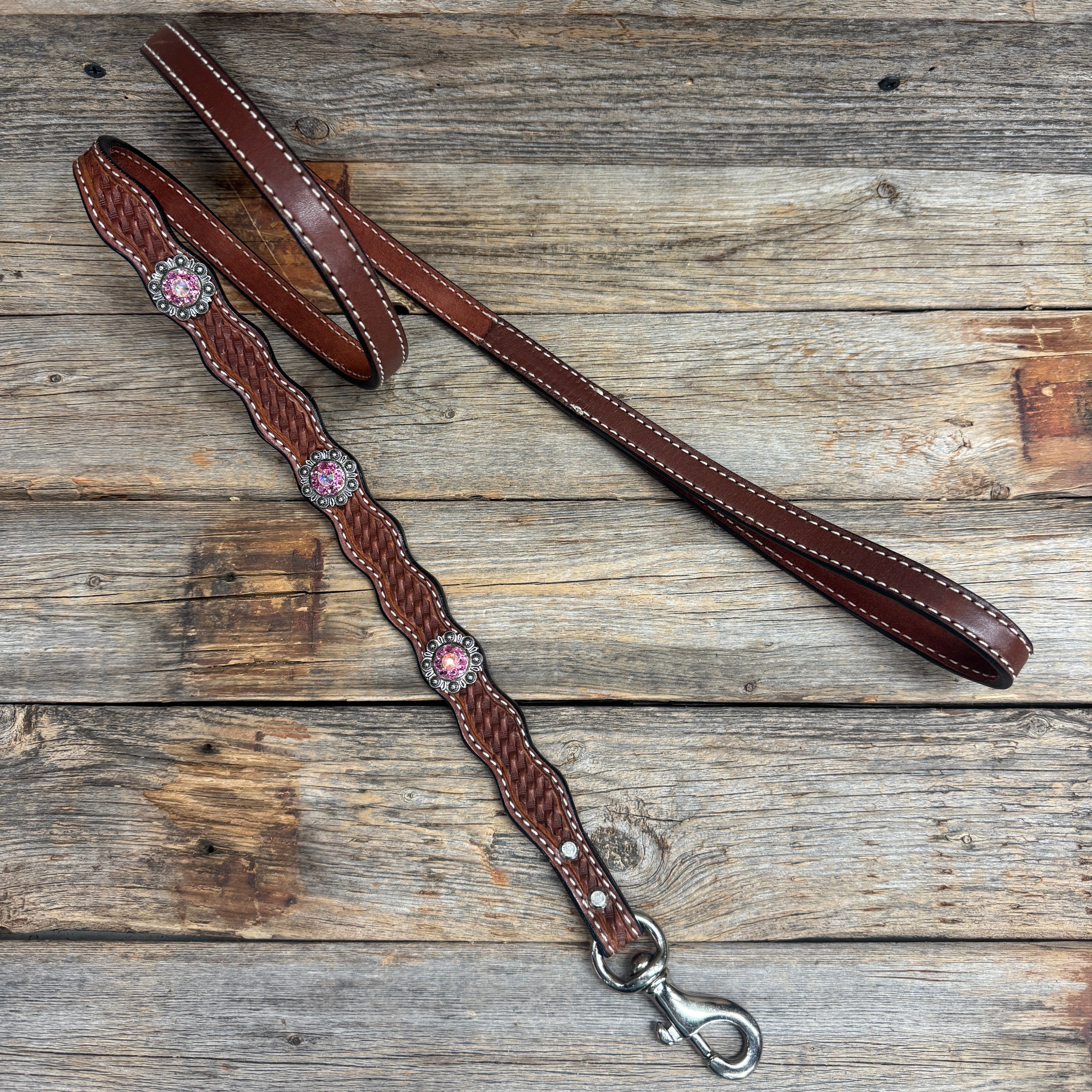 Genuine Leather Dog Collar or Leash With Antique Silver Pink and AB Conchos 10" to 22" orDC40