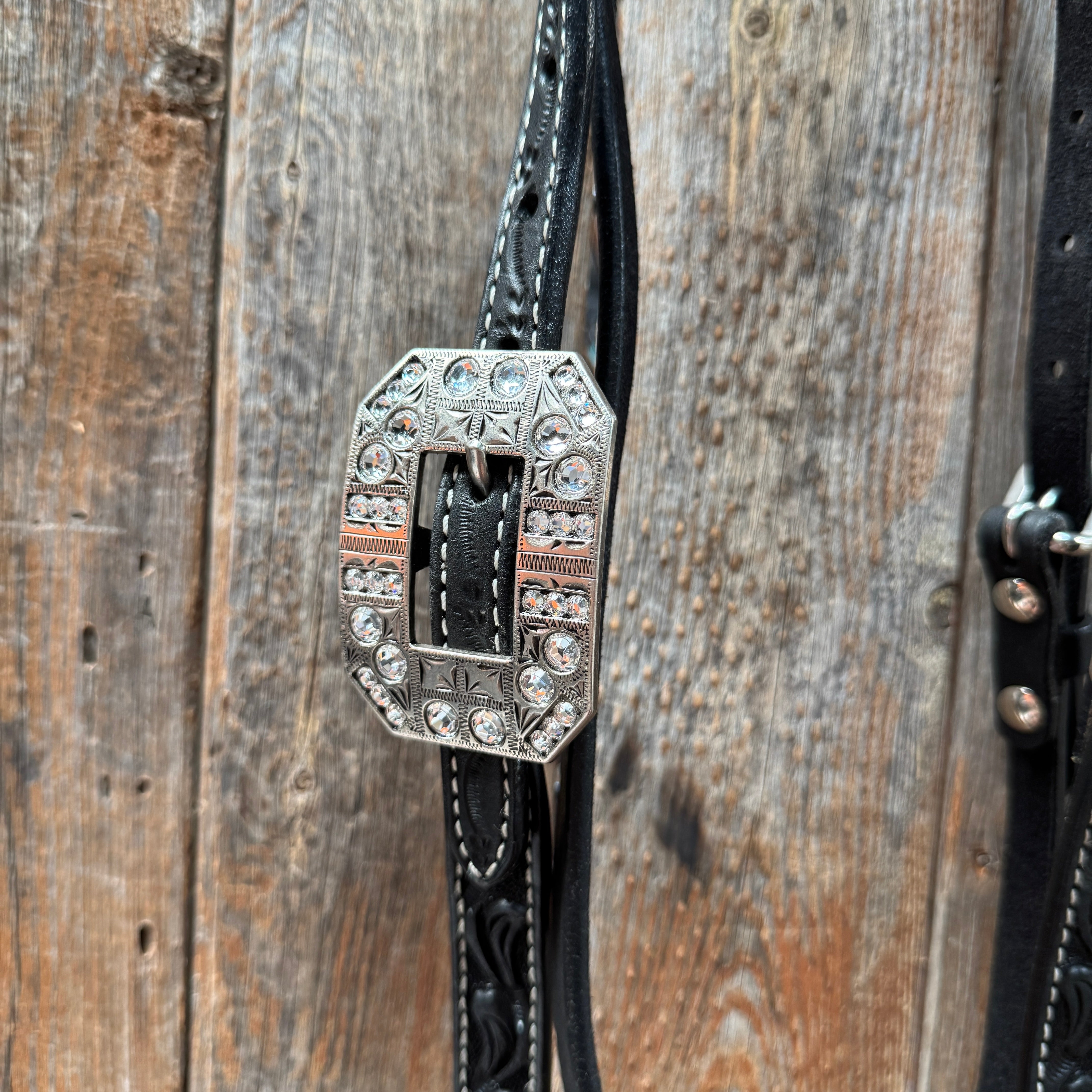 Black Floral Tooled Black and White Bling Browband & Breastcollar Tack Set #BBBC653