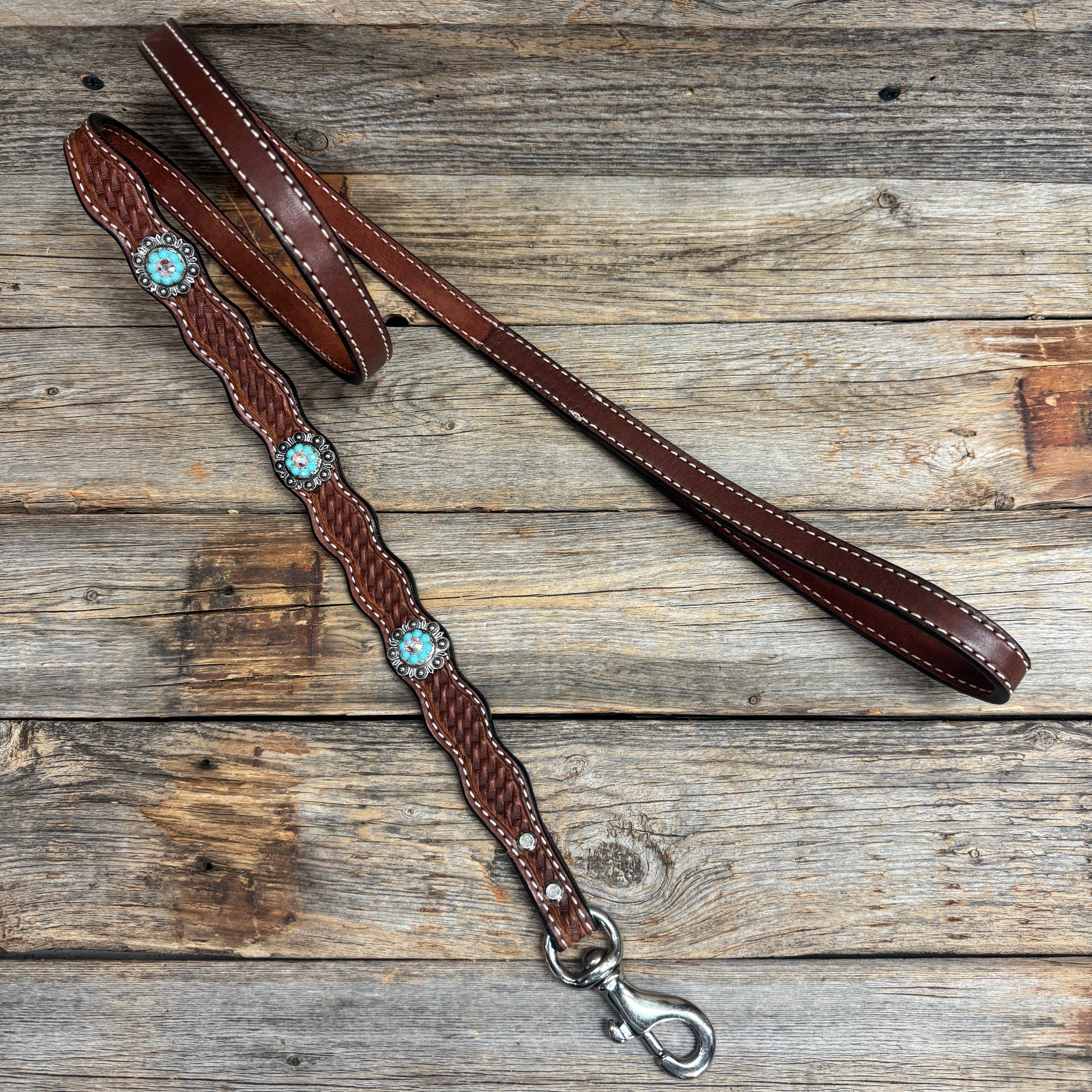 Genuine Leather Dog Collar or Leash With Antique Silver Turquoise and AB Conchos 10" to 22" orDC5
