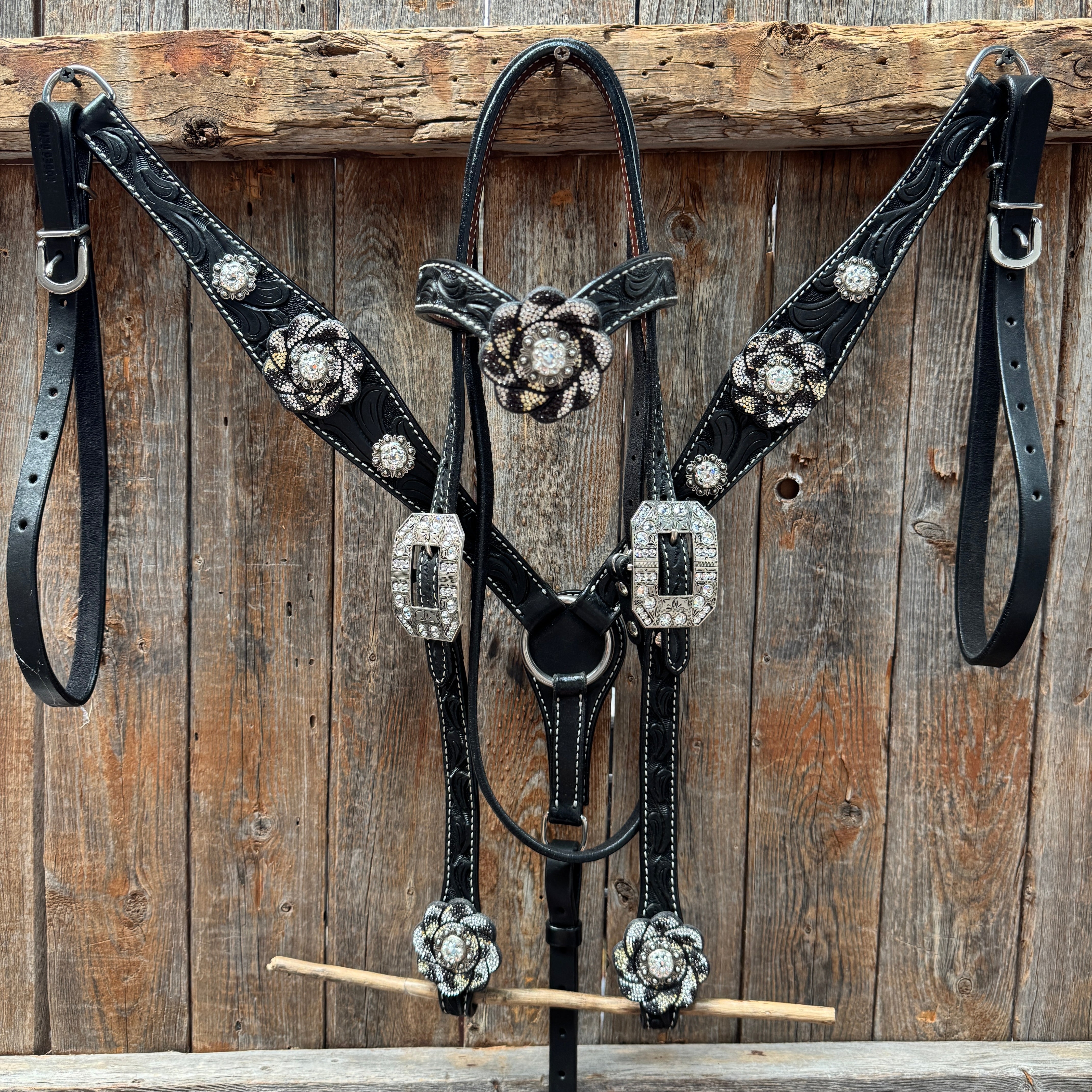 Black Floral Tooled Black and White Bling Browband & Breastcollar Tack Set #BBBC653