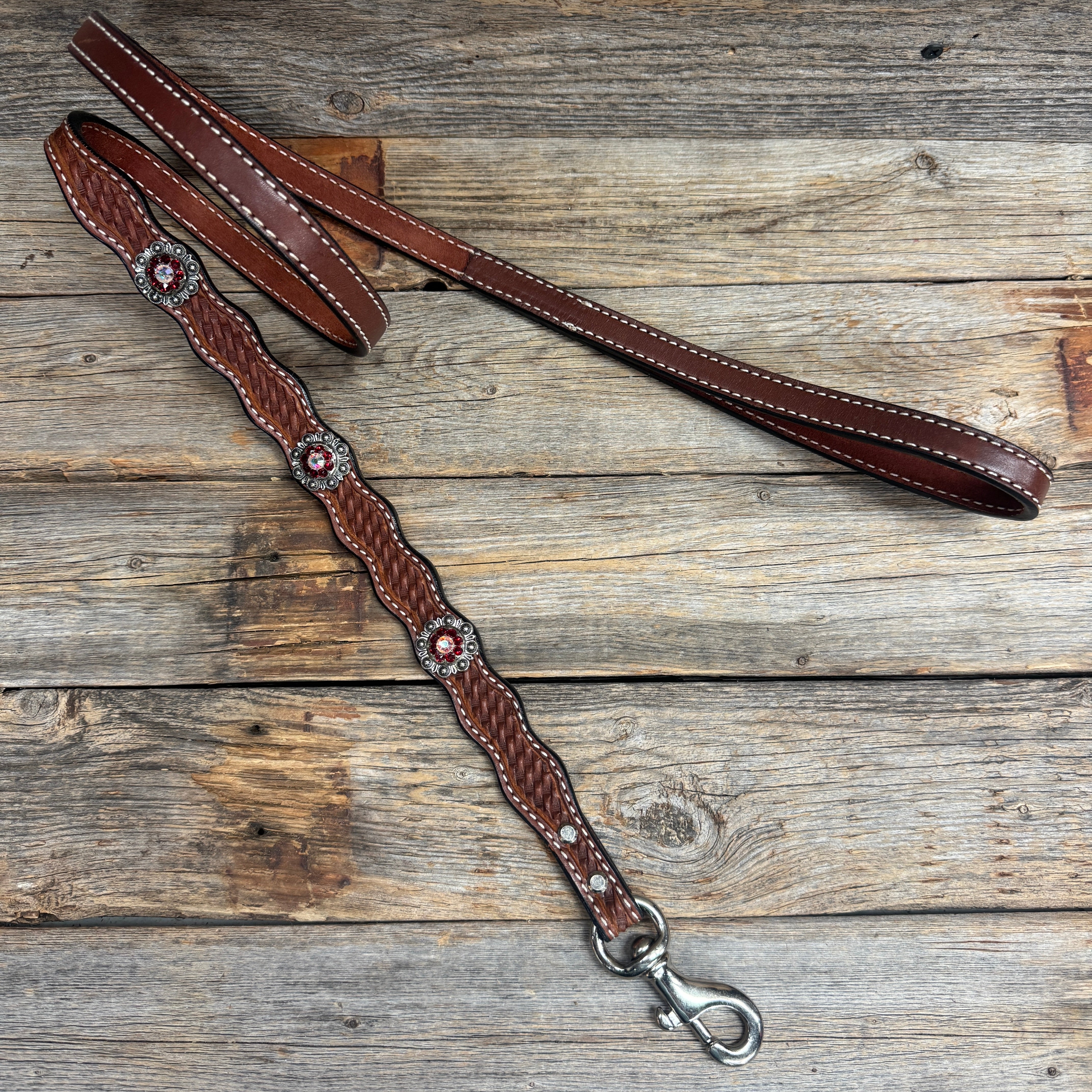 Genuine Leather Dog Collar or Leash With Antique Silver Ruby and AB Conchos 10" to 22" orDC41