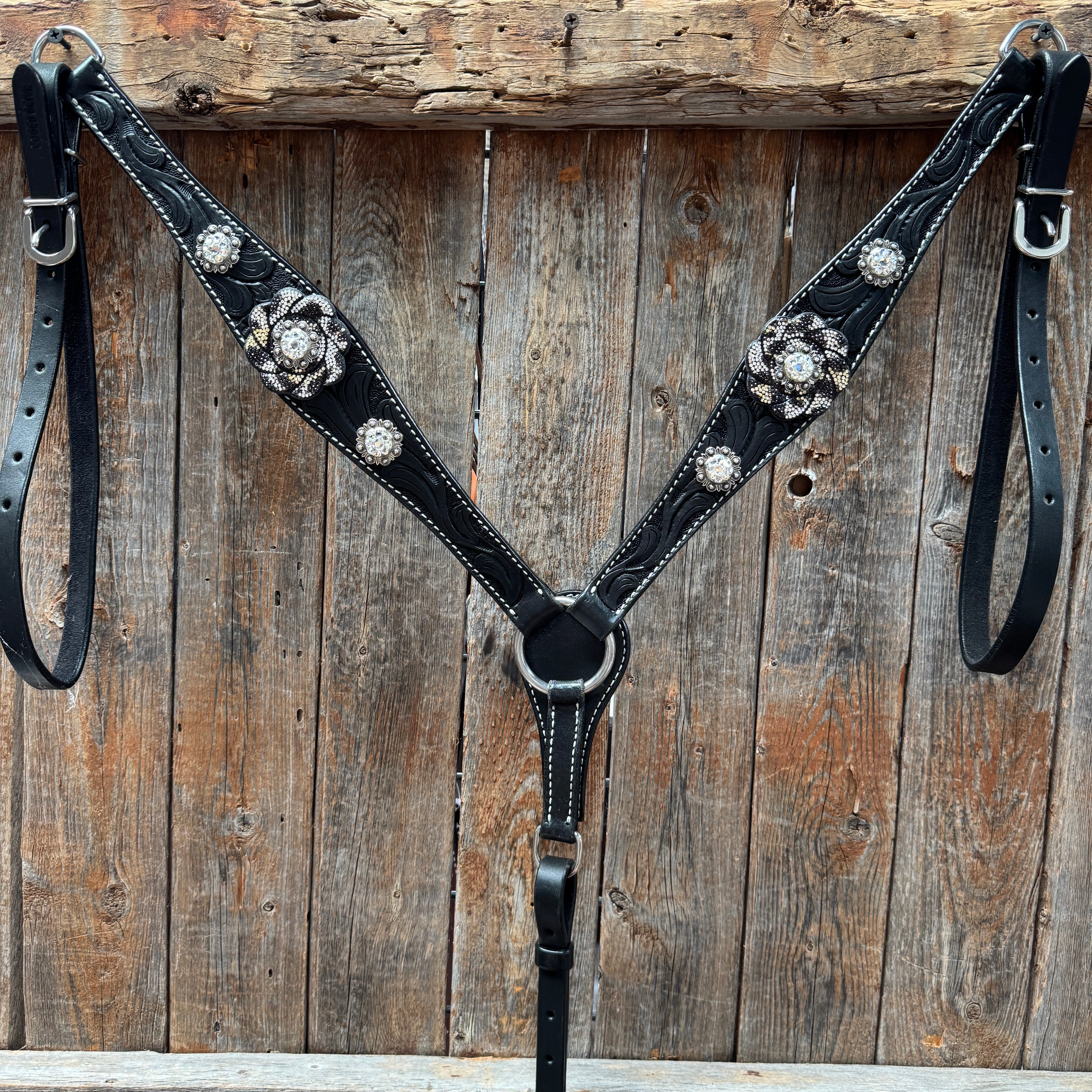Black Floral Tooled Black and White Bling Browband & Breastcollar Tack Set #BBBC653