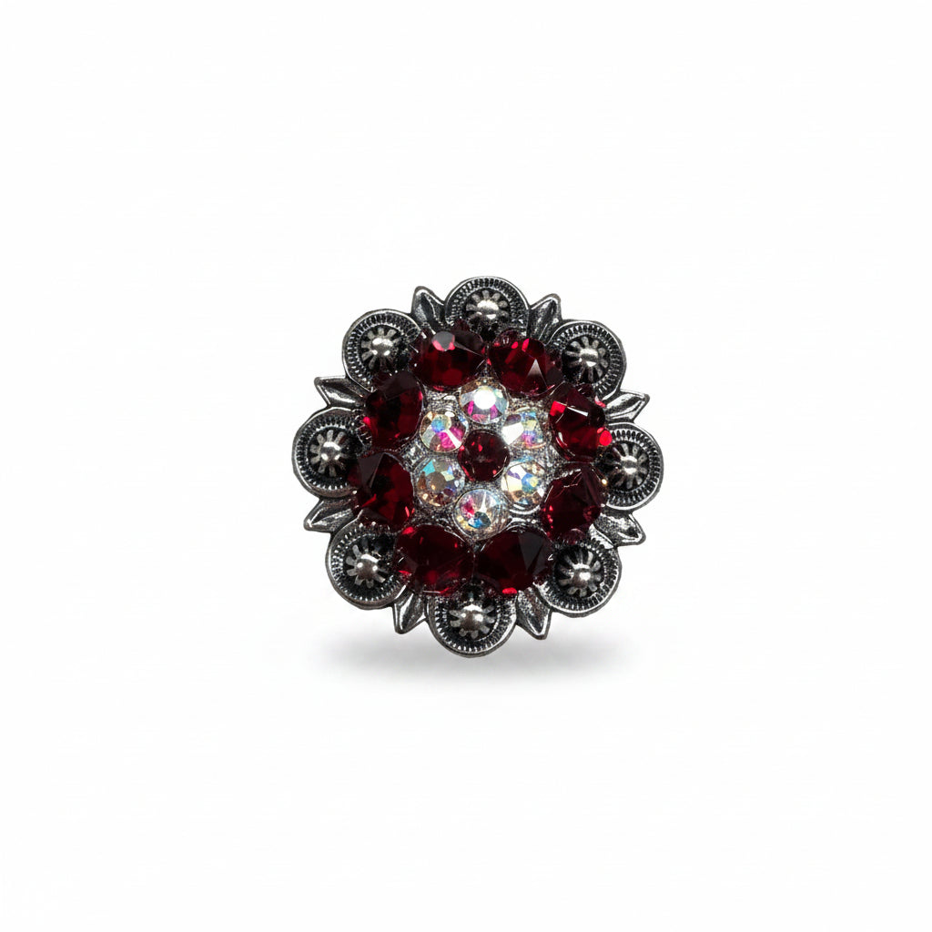 Antique Silver Ruby - AB Crystal Conchos | Sizes 1"- 3" | Buckles | Saddle Set | Leather Rosettes | Slide