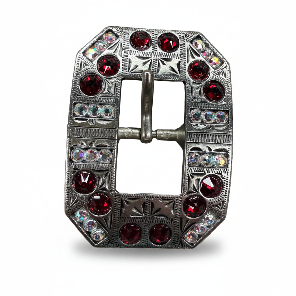 Antique Silver Ruby - AB Crystal Conchos | Sizes 1"- 3" | Buckles | Saddle Set | Leather Rosettes | Slide