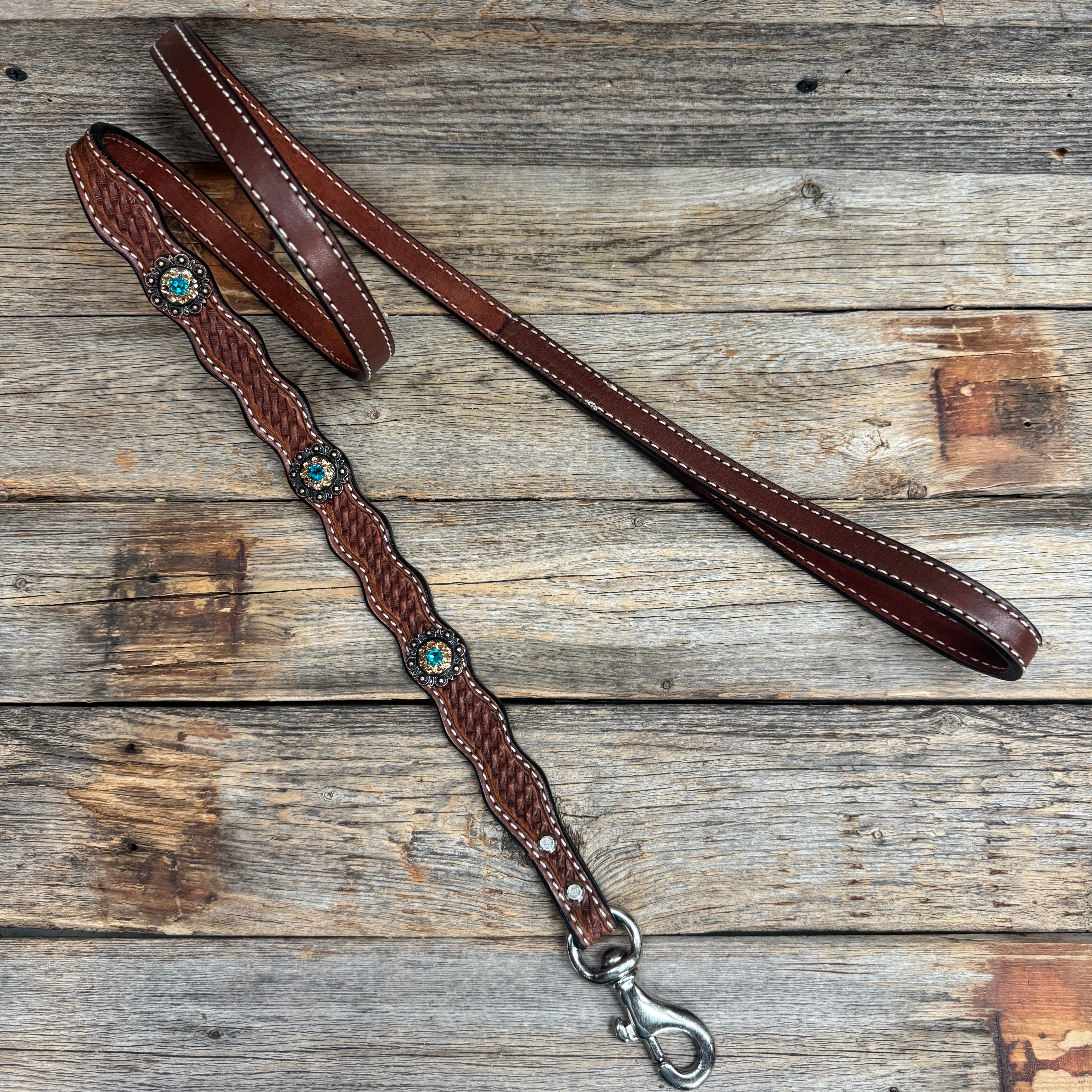 Genuine Leather Dog Collar or Leash  With Copper Teal and Champagne Conchos 10" to 22" orDC24