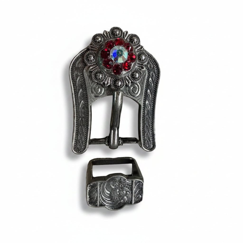 Antique Silver Ruby - AB Crystal Conchos | Sizes 1"- 3" | Buckles | Saddle Set | Leather Rosettes | Slide