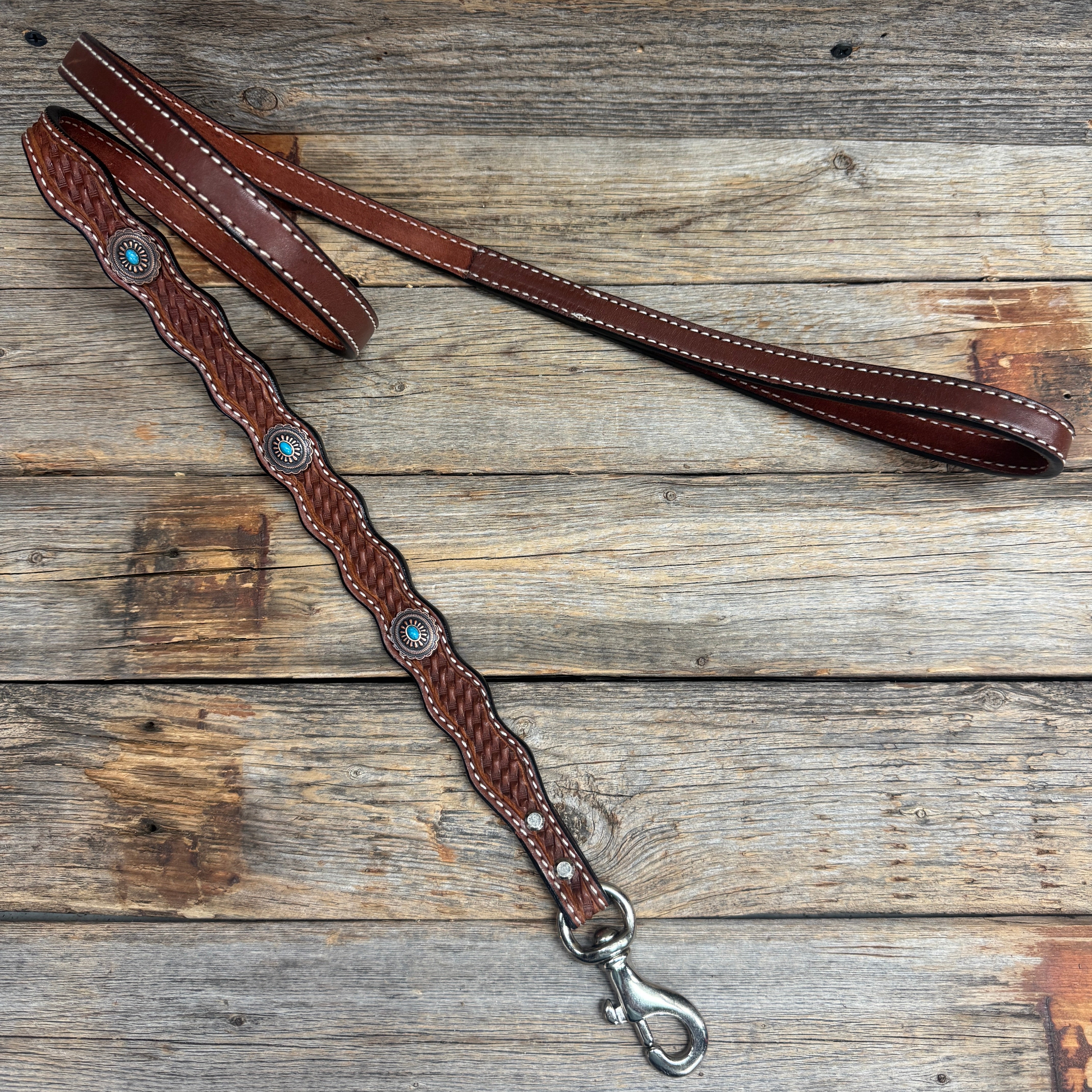 Genuine Leather Dog Collar or Leash With Oval Copper Turquoise Conchos 10" to 22" or W179S or DC76