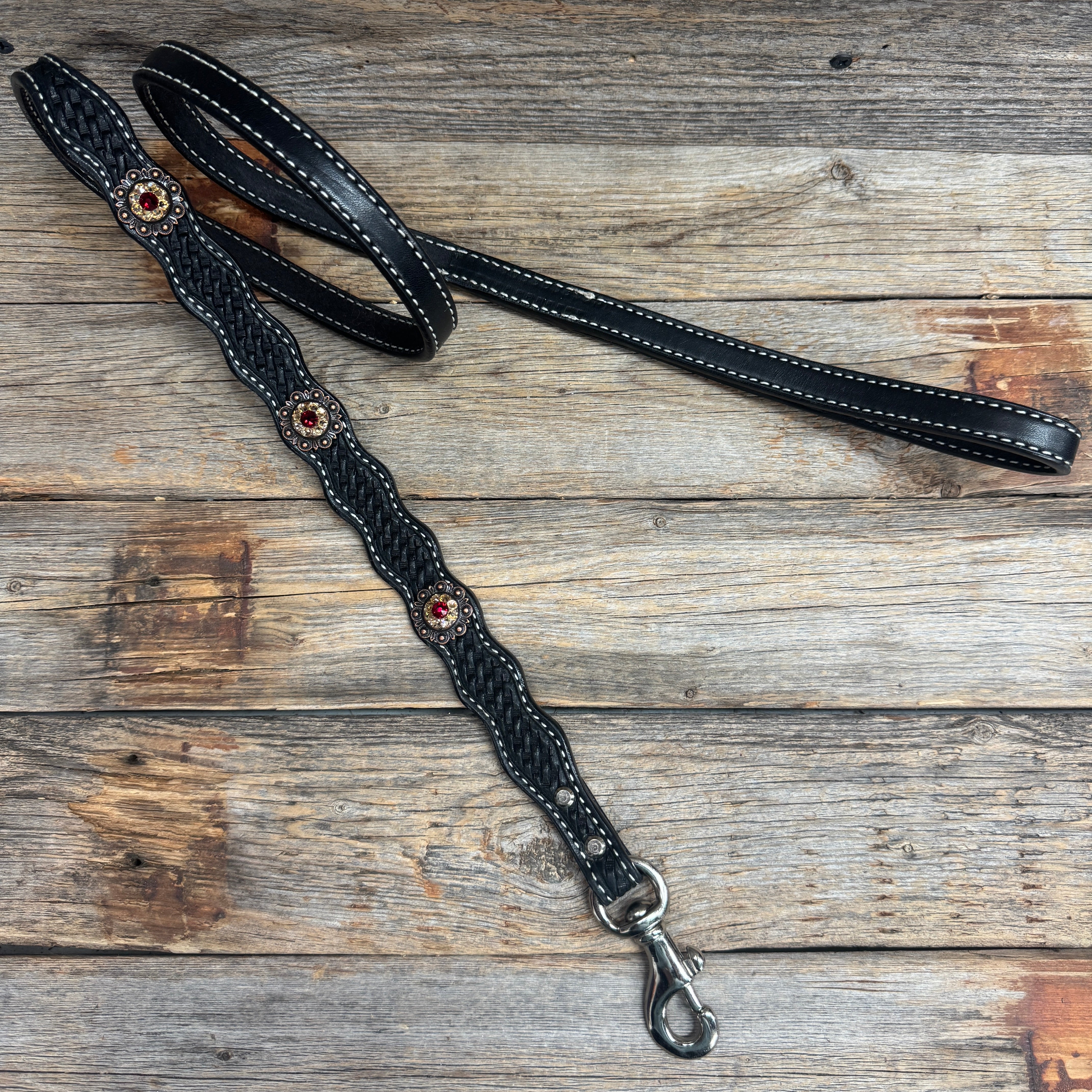 Genuine Leather Dog Collar or Leash With Copper Ruby and Champagne Conchos 10" to 22" orDC38