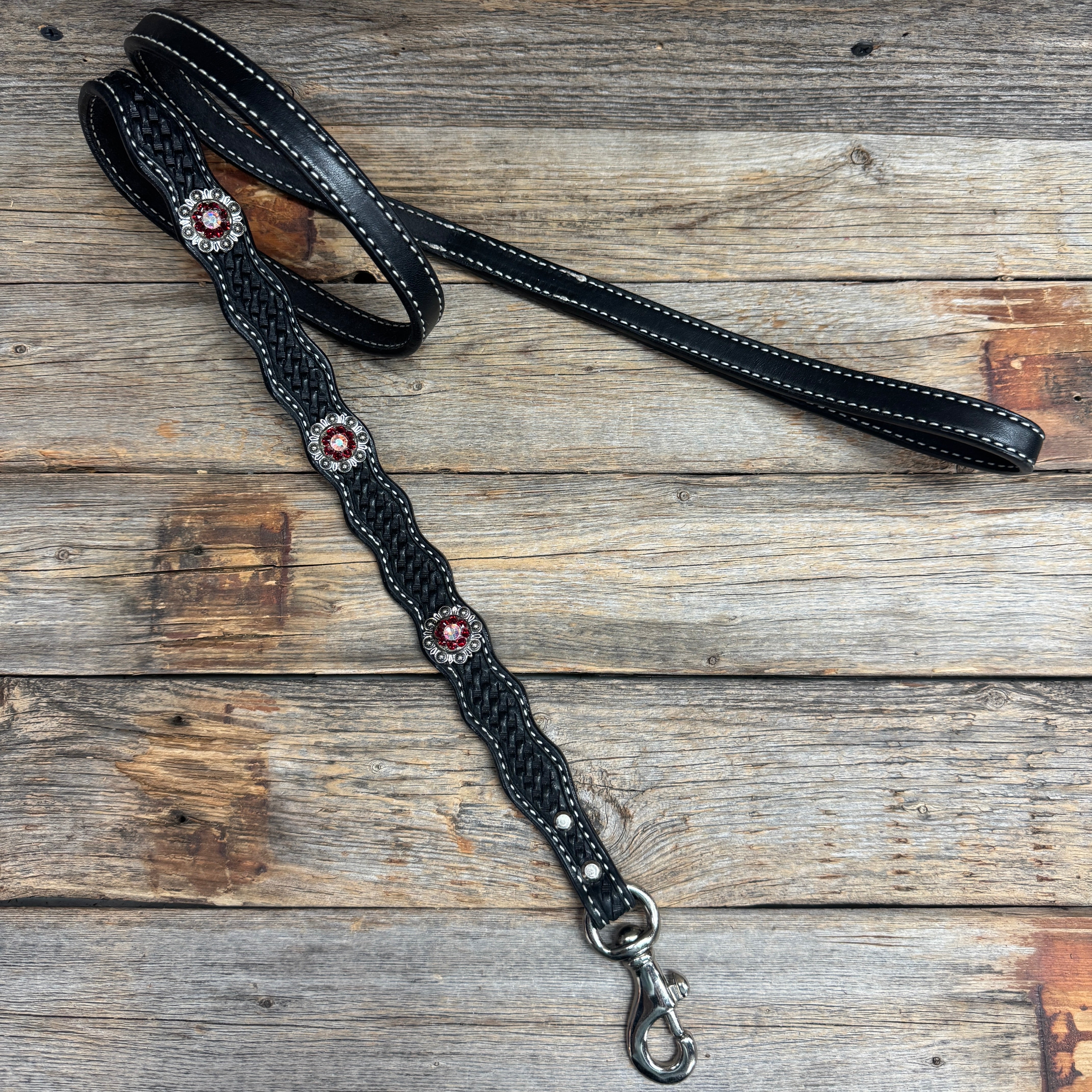 Genuine Leather Dog Collar or Leash With Antique Silver Ruby and AB Conchos 10" to 22" orDC41