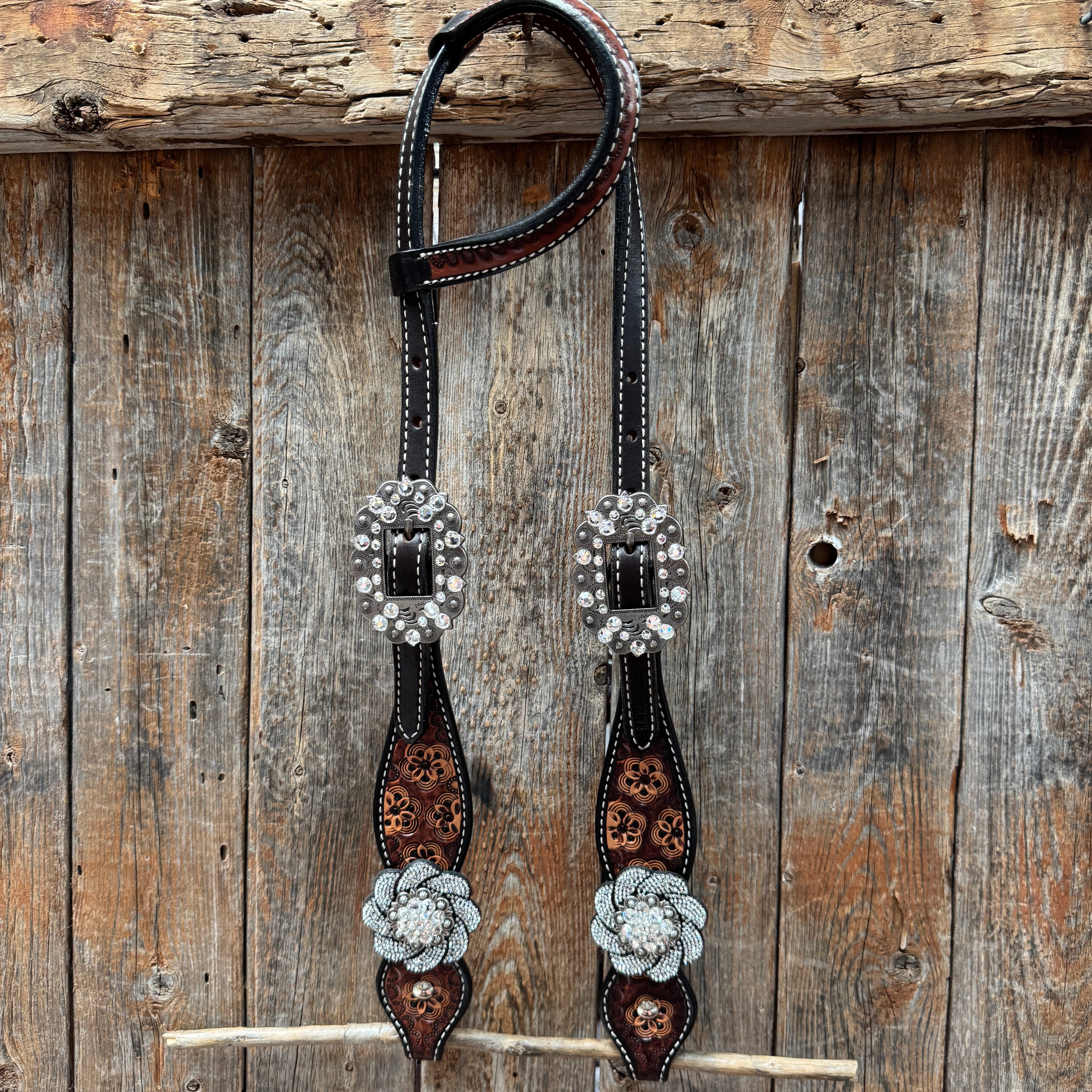 Flower Power Black and Clear One Ear Headstall & Breastcollar Tack Set #OEBC656