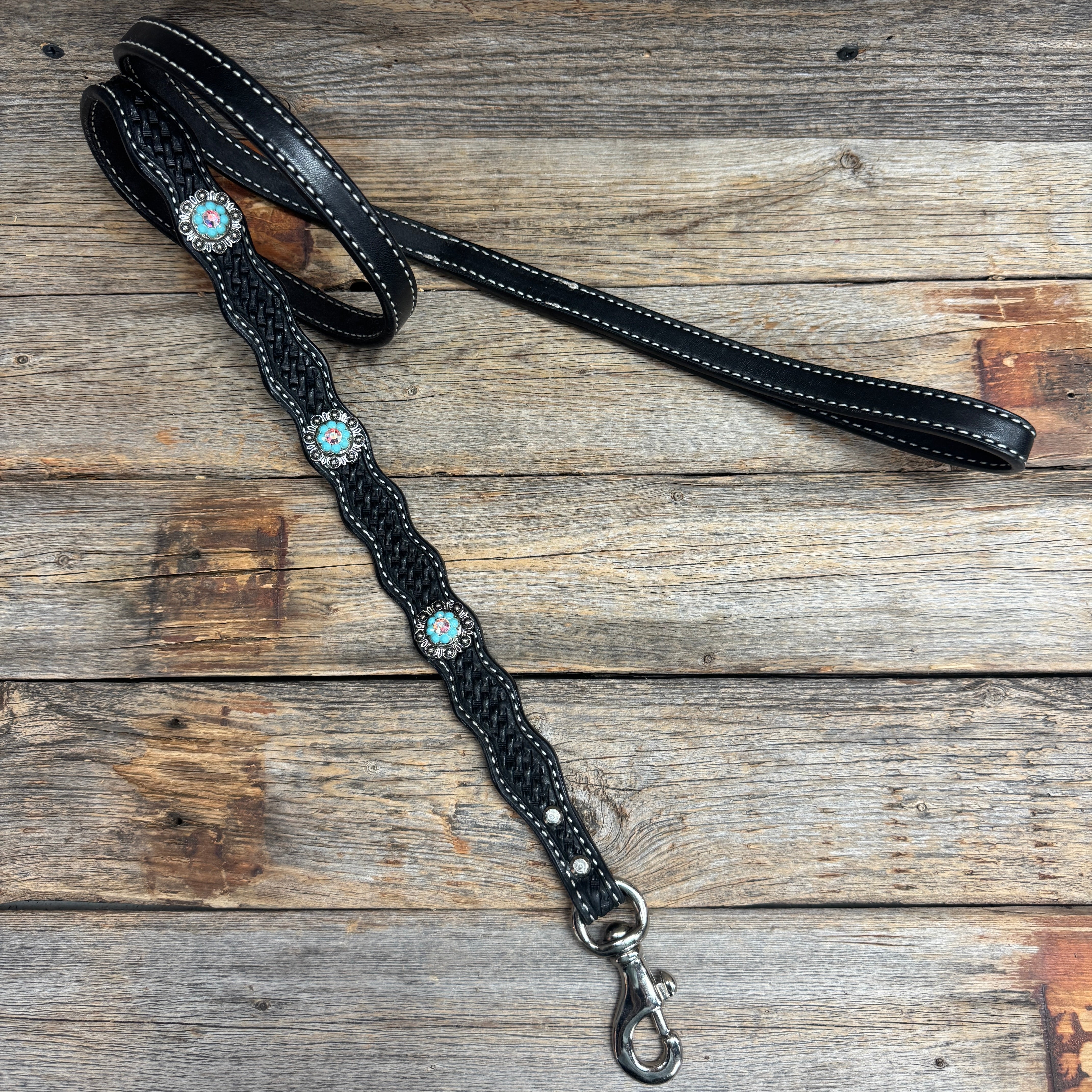 Genuine Leather Dog Collar or Leash With Antique Silver Turquoise and AB Conchos 10" to 22" orDC5