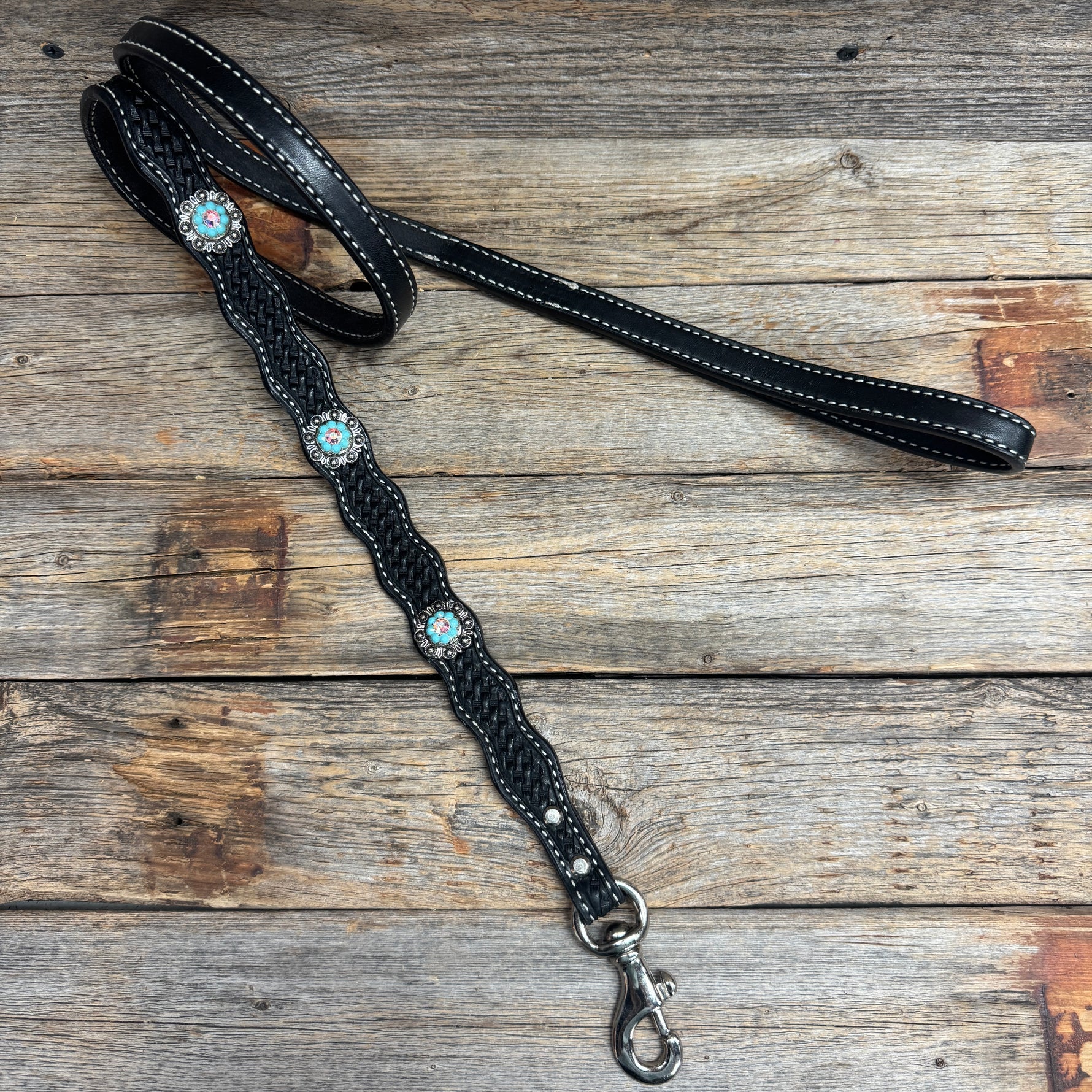 Genuine Leather Dog Collar or Leash With Antique Silver Turquoise and AB Conchos 10" to 22" orDC5
