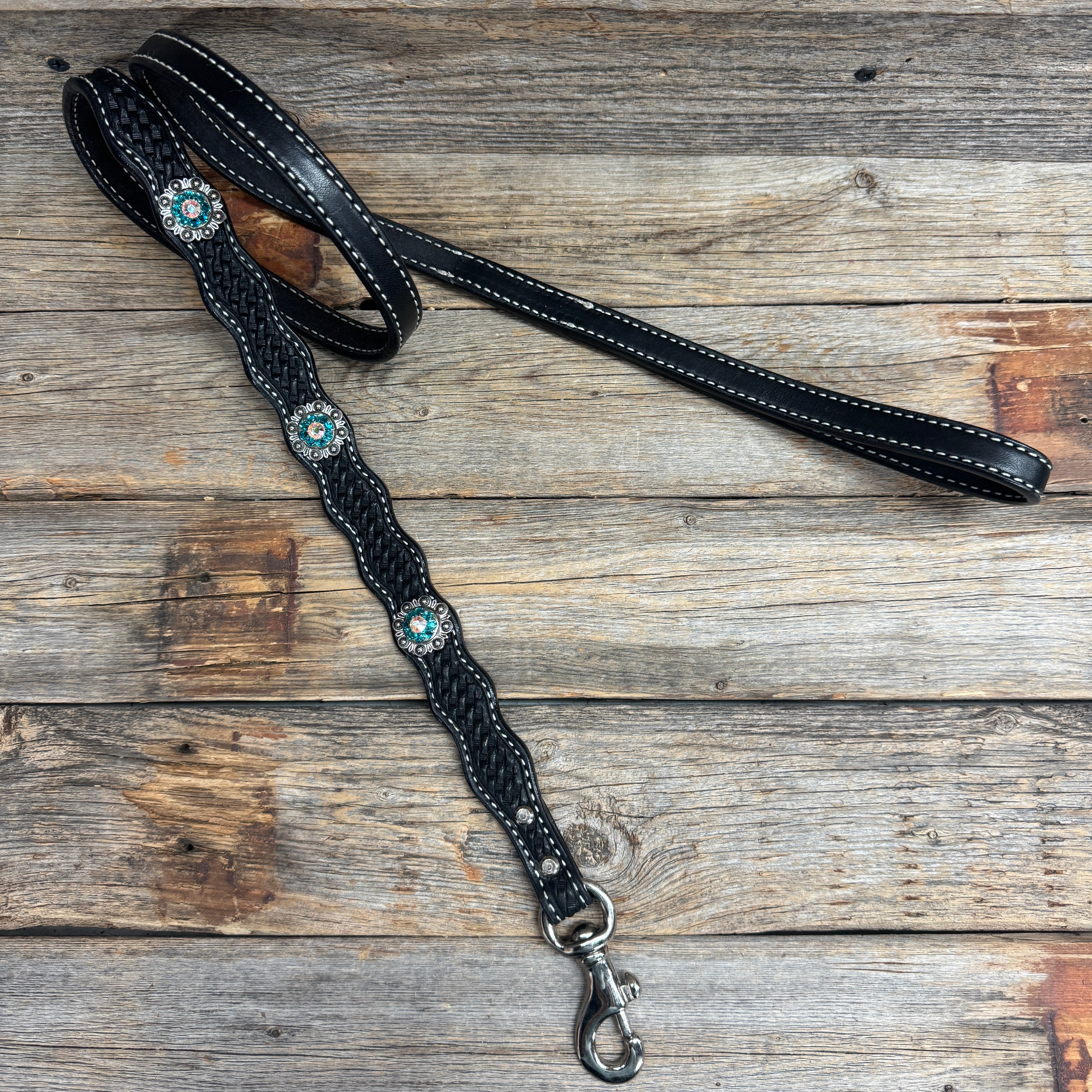 Genuine Leather Dog Collar or Leash With Antique Silver Teal and AB Conchos 10" to 22" orDC45