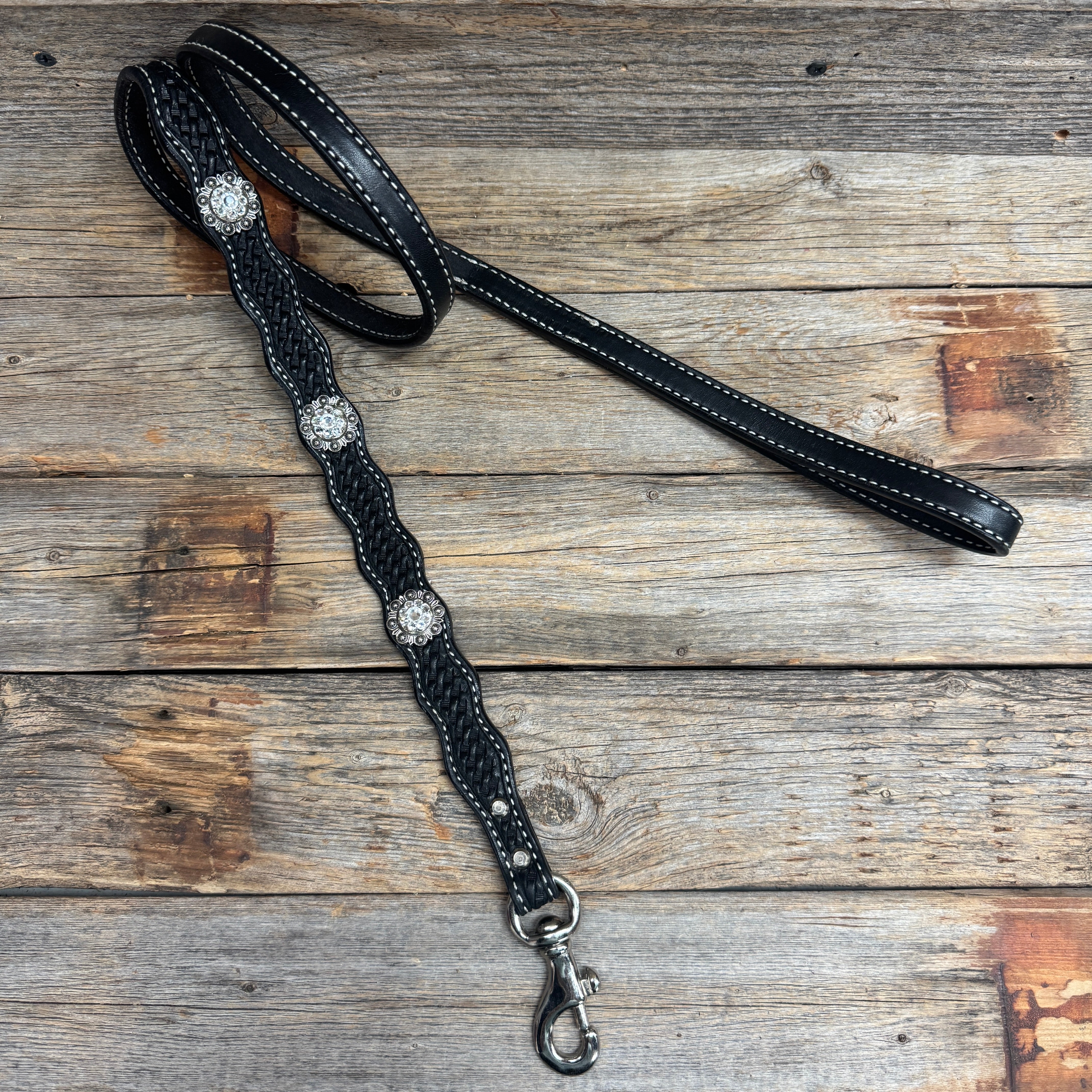 Genuine Leather Dog Collar or Leash With Antique Silver Clear Conchos 10" to 22" orDC44