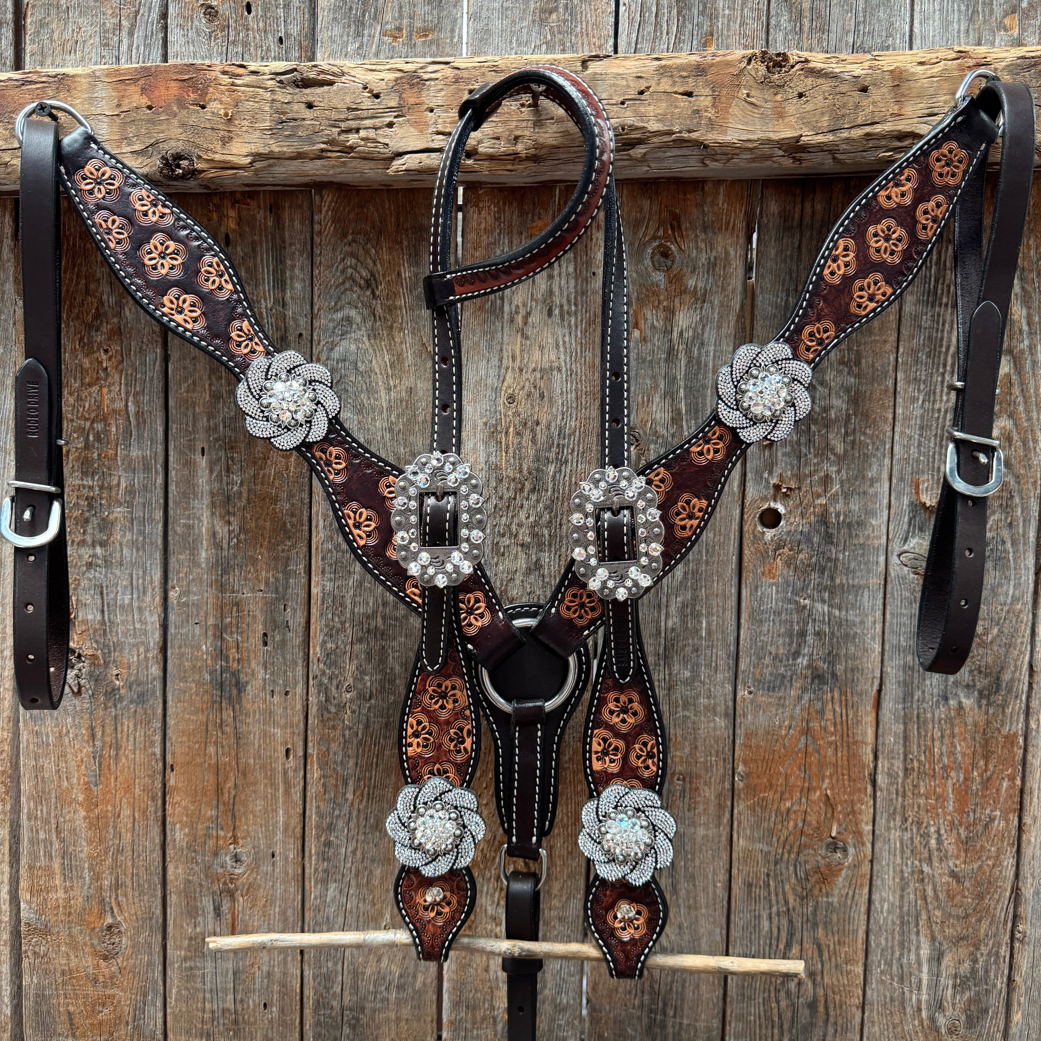 Flower Power Black and Clear One Ear Headstall & Breastcollar Tack Set #OEBC656