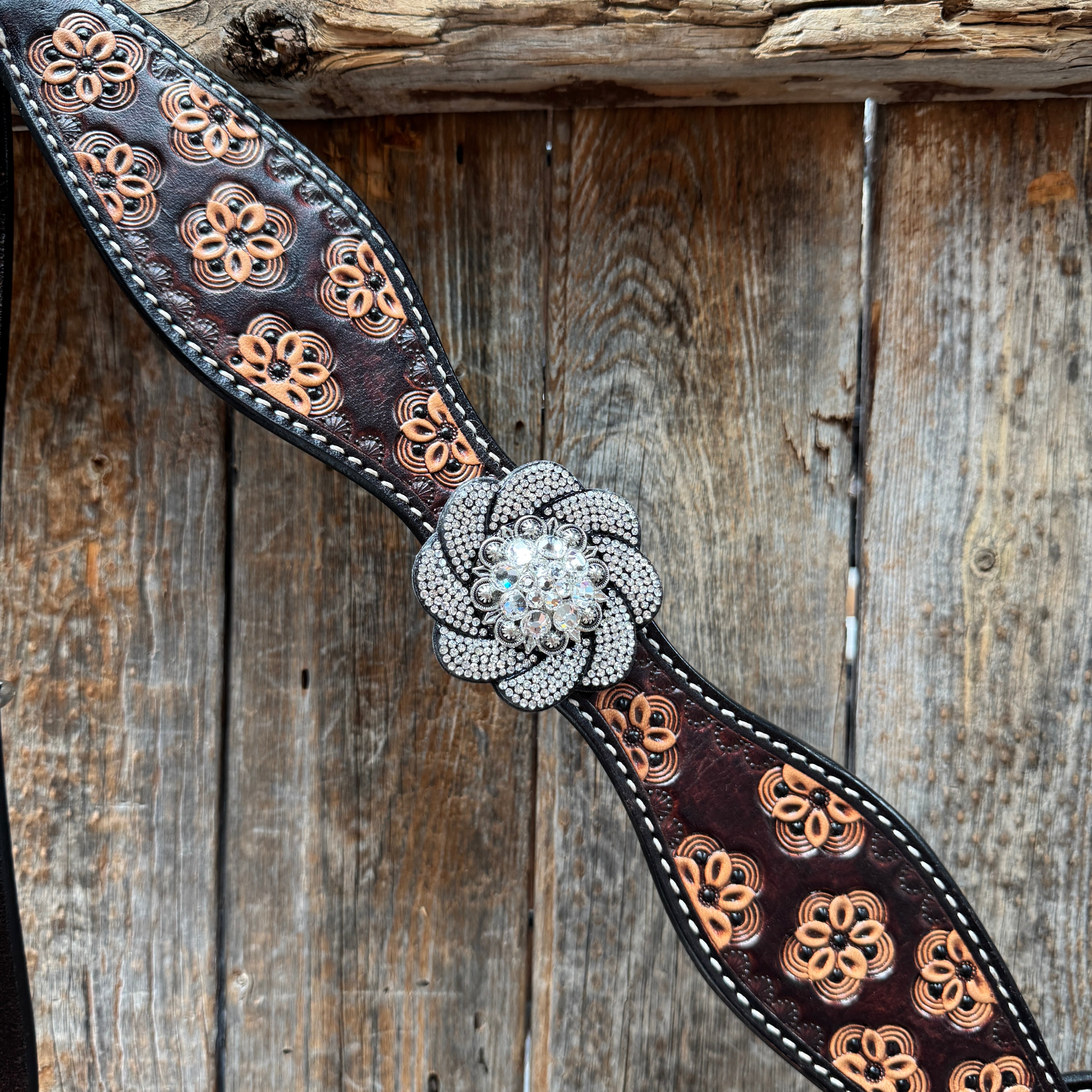 Flower Power Black and Clear One Ear Headstall & Breastcollar Tack Set #OEBC656