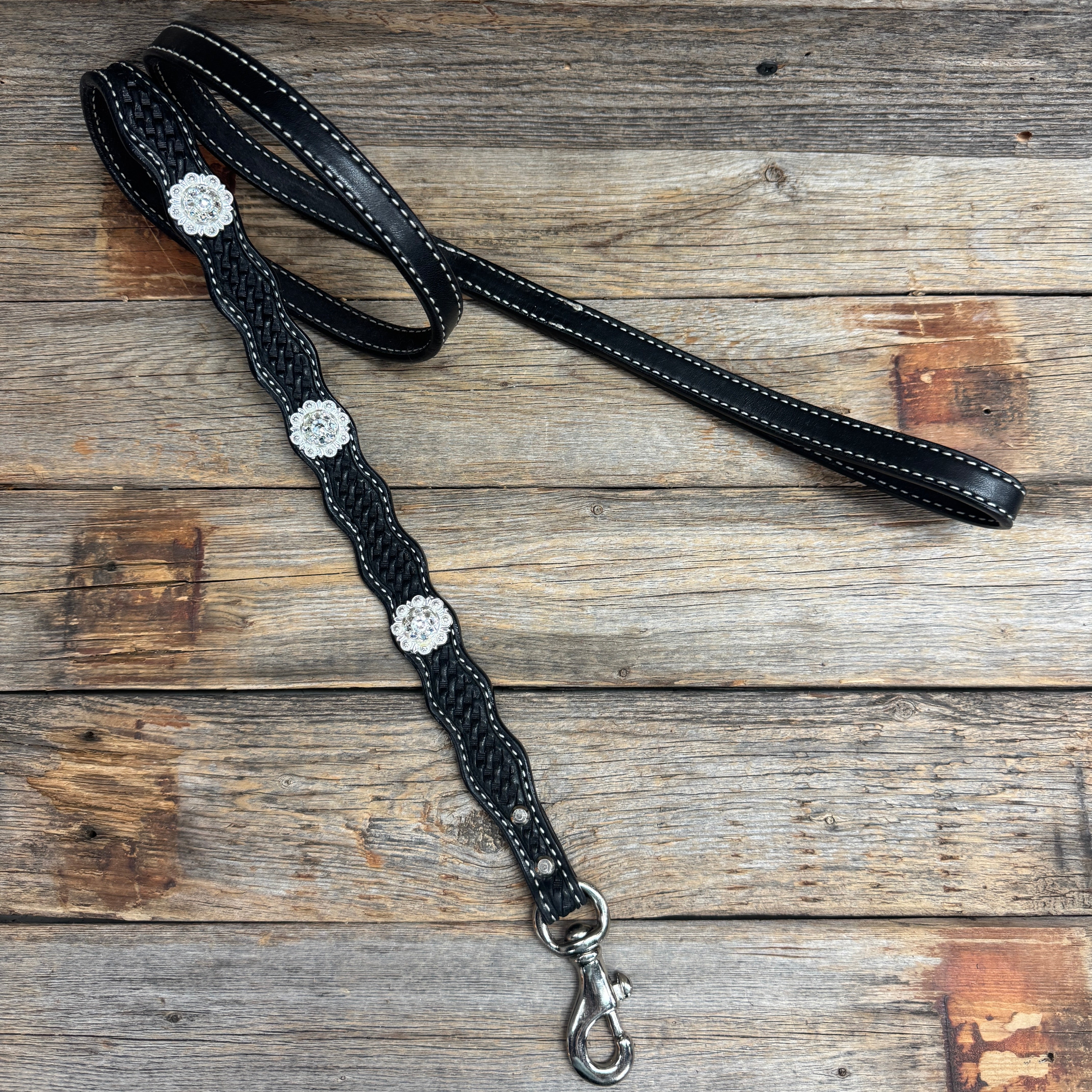 Genuine Leather Dog Collar or Leash With Bright Silver Clear Conchos 10" to 22" orDC1