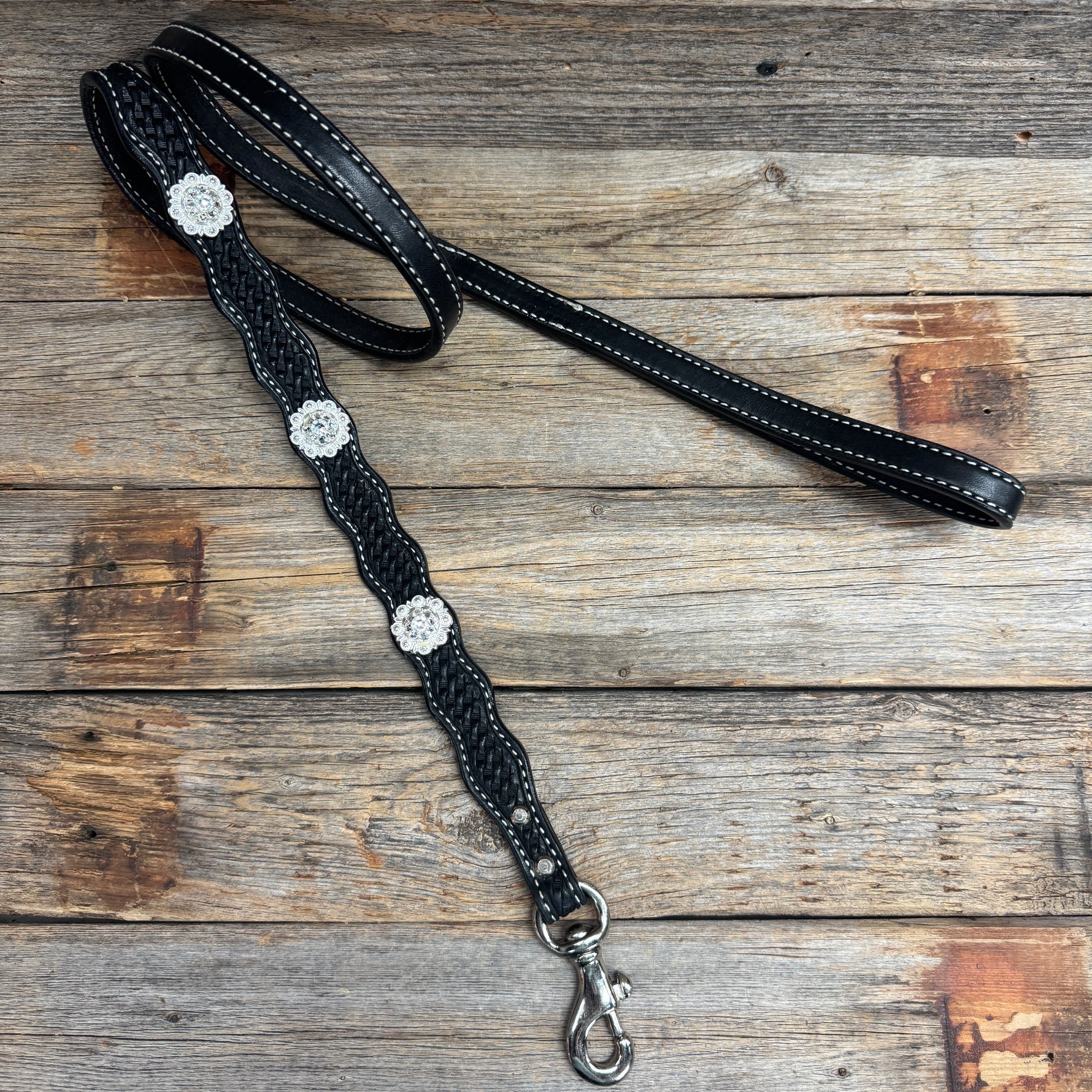 Genuine Leather Dog Collar or Leash With Bright Silver Clear Conchos 10" to 22" DC1