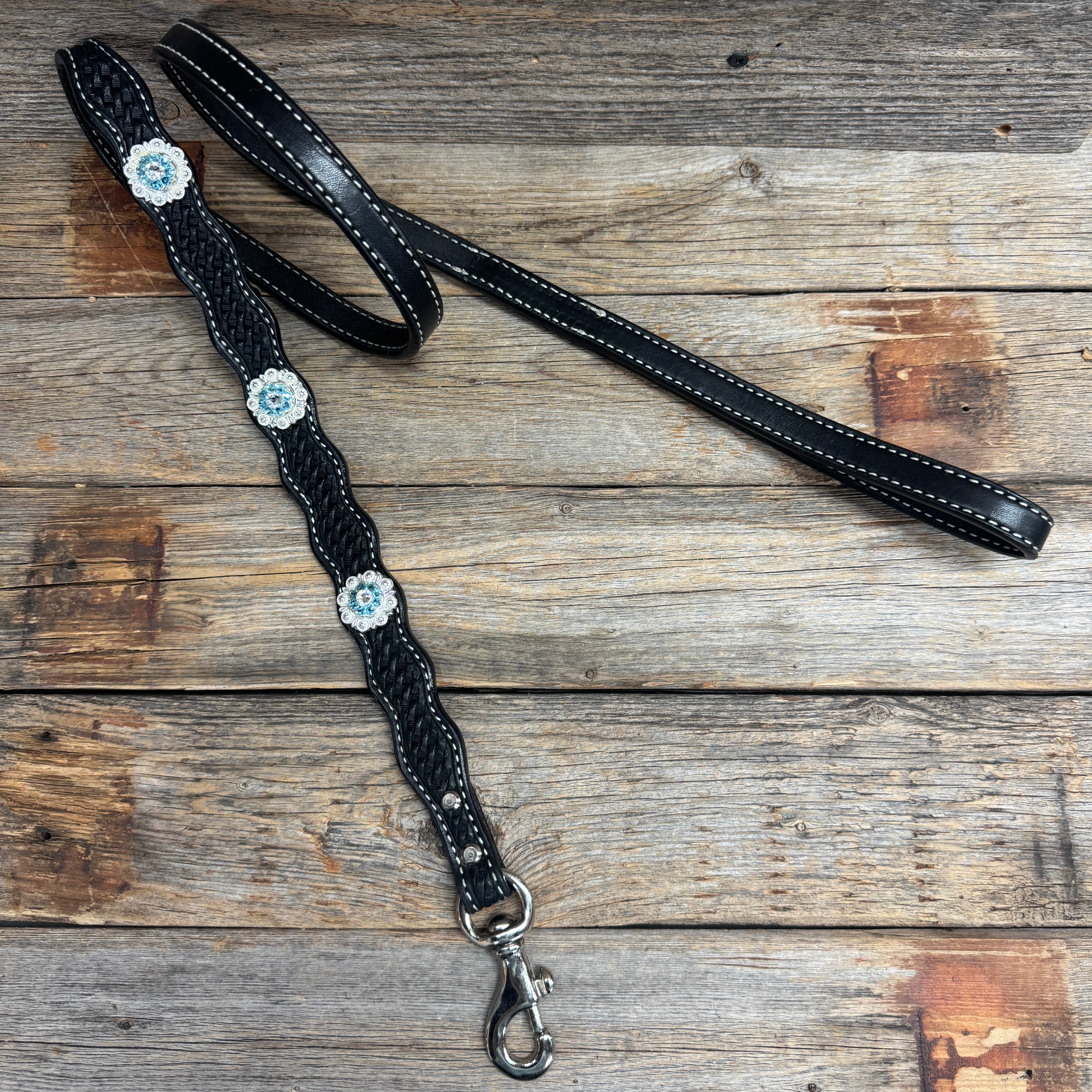 Genuine Leather Dog Collar or Leash With Bright Silver Aqua and Clear  Conchos 10" to 22" orDC47