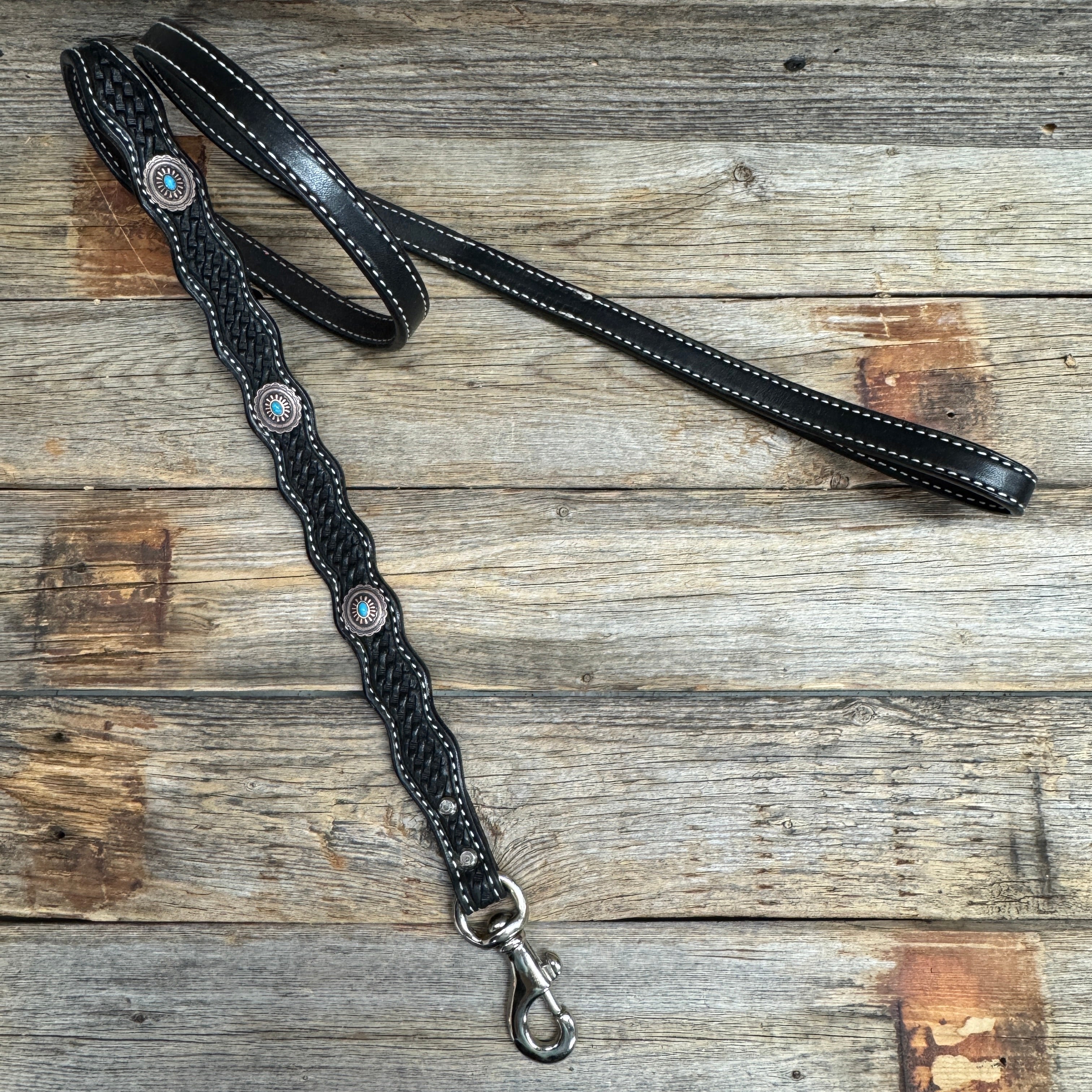 Genuine Leather Dog Collar or Leash With Oval Copper Turquoise Conchos 10" to 22" or W179S or DC76