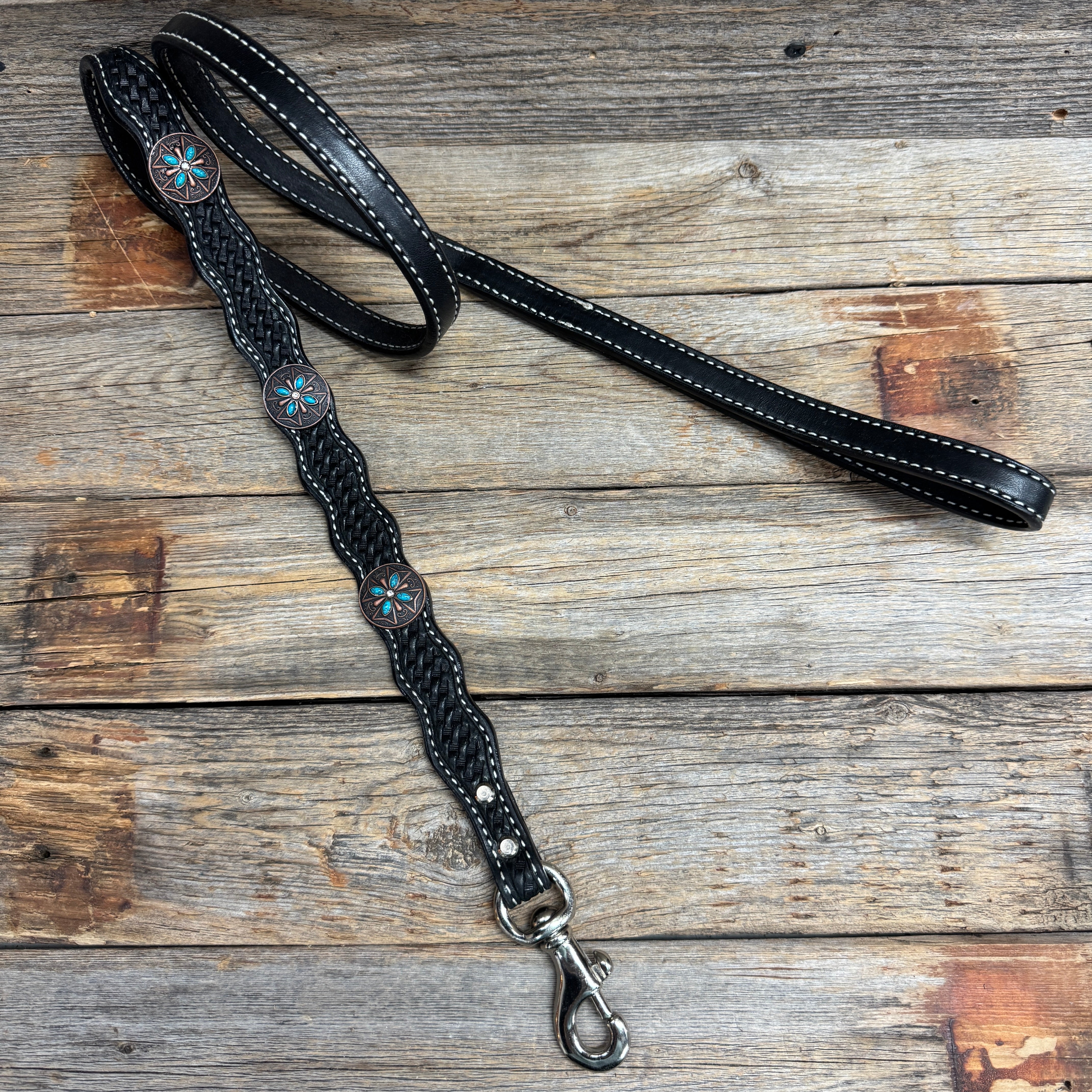 Genuine Leather Dog Collar or Leash with Copper Turquoise & Clear Conchos 10" - 22"|W138|DC78