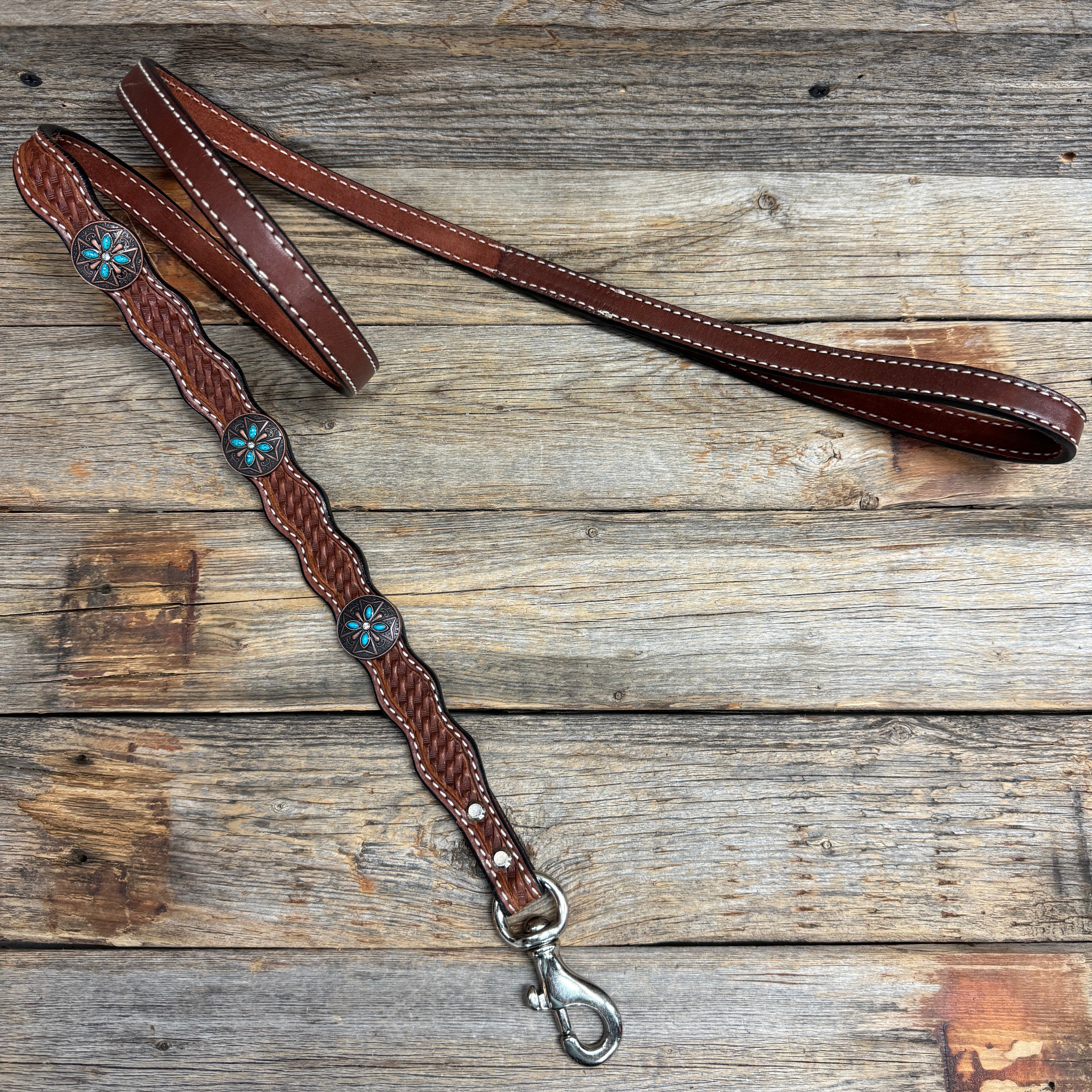 Genuine Leather Dog Collar or Leash with Copper Turquoise & Clear Conchos 10" - 22"|W138|DC78