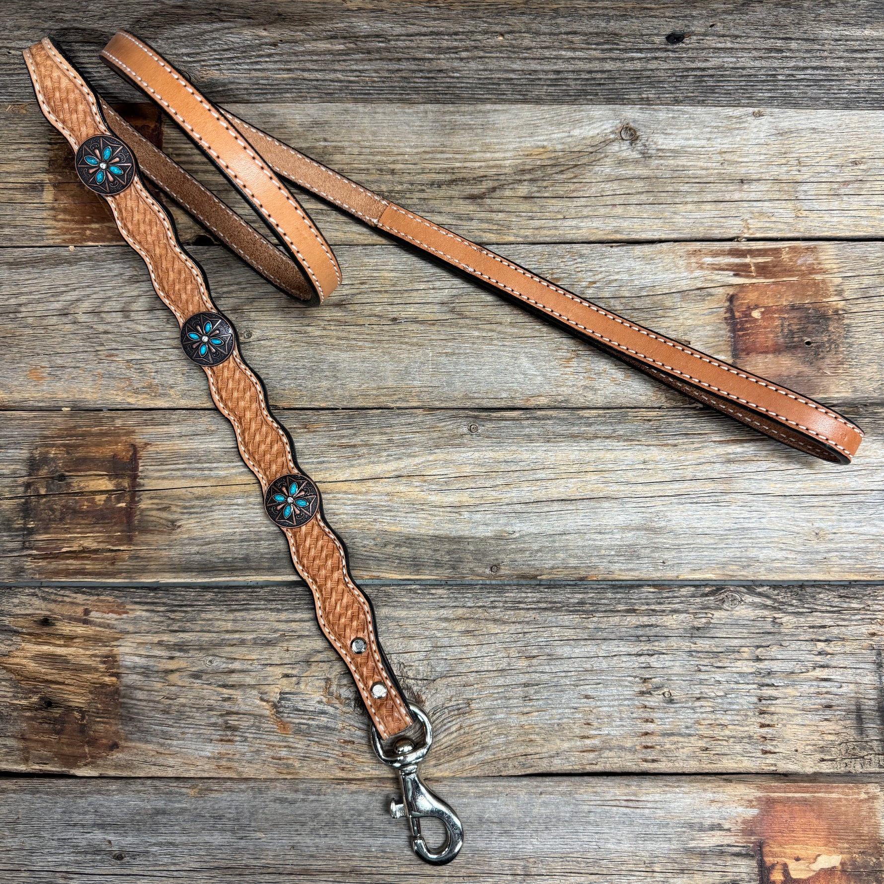 Genuine Leather Dog Collar or Leash with Copper Turquoise & Clear Conchos 10" - 22"|W138|DC78
