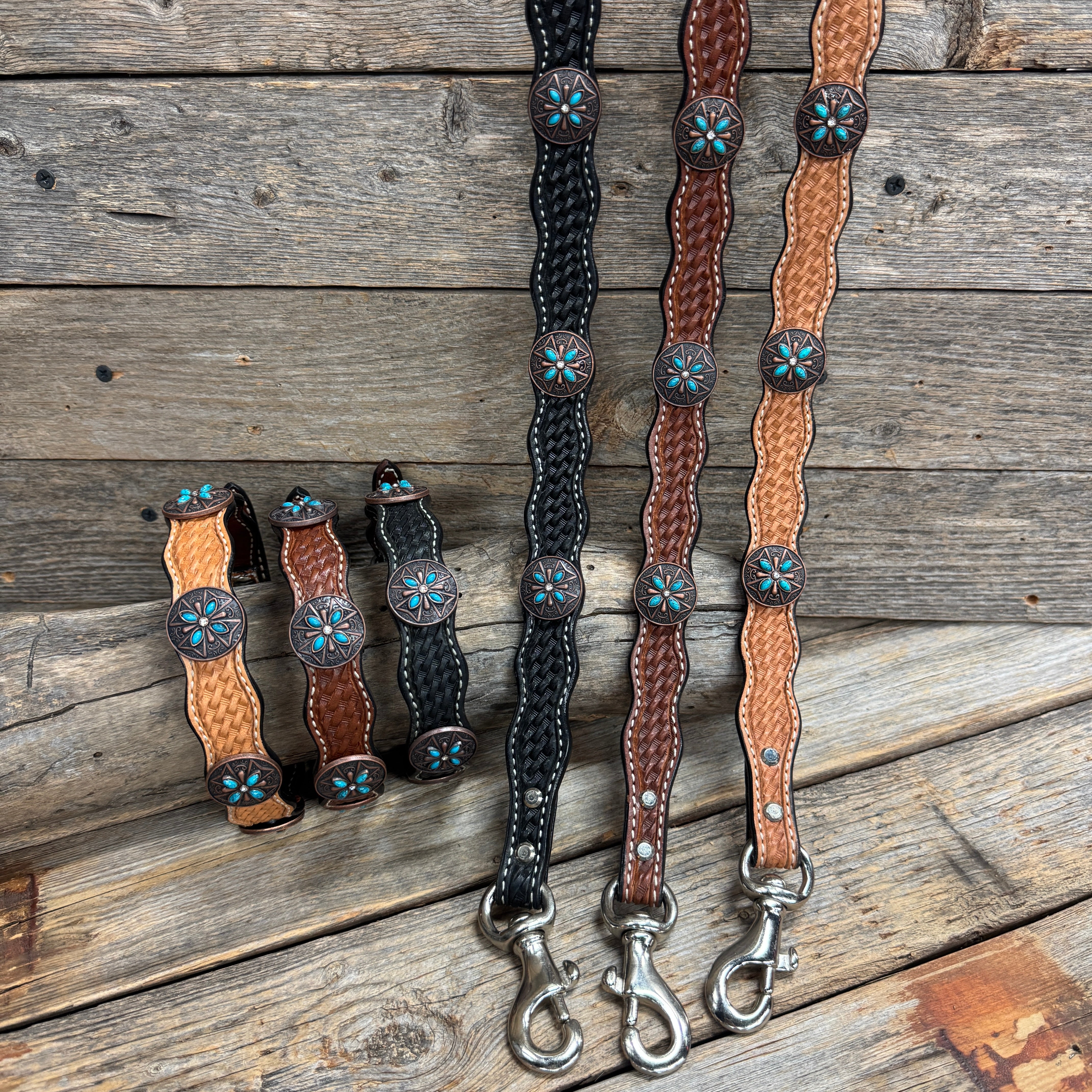 Genuine Leather Dog Collar or Leash with Copper Turquoise & Clear Conchos 10" - 22"|W138|DC78