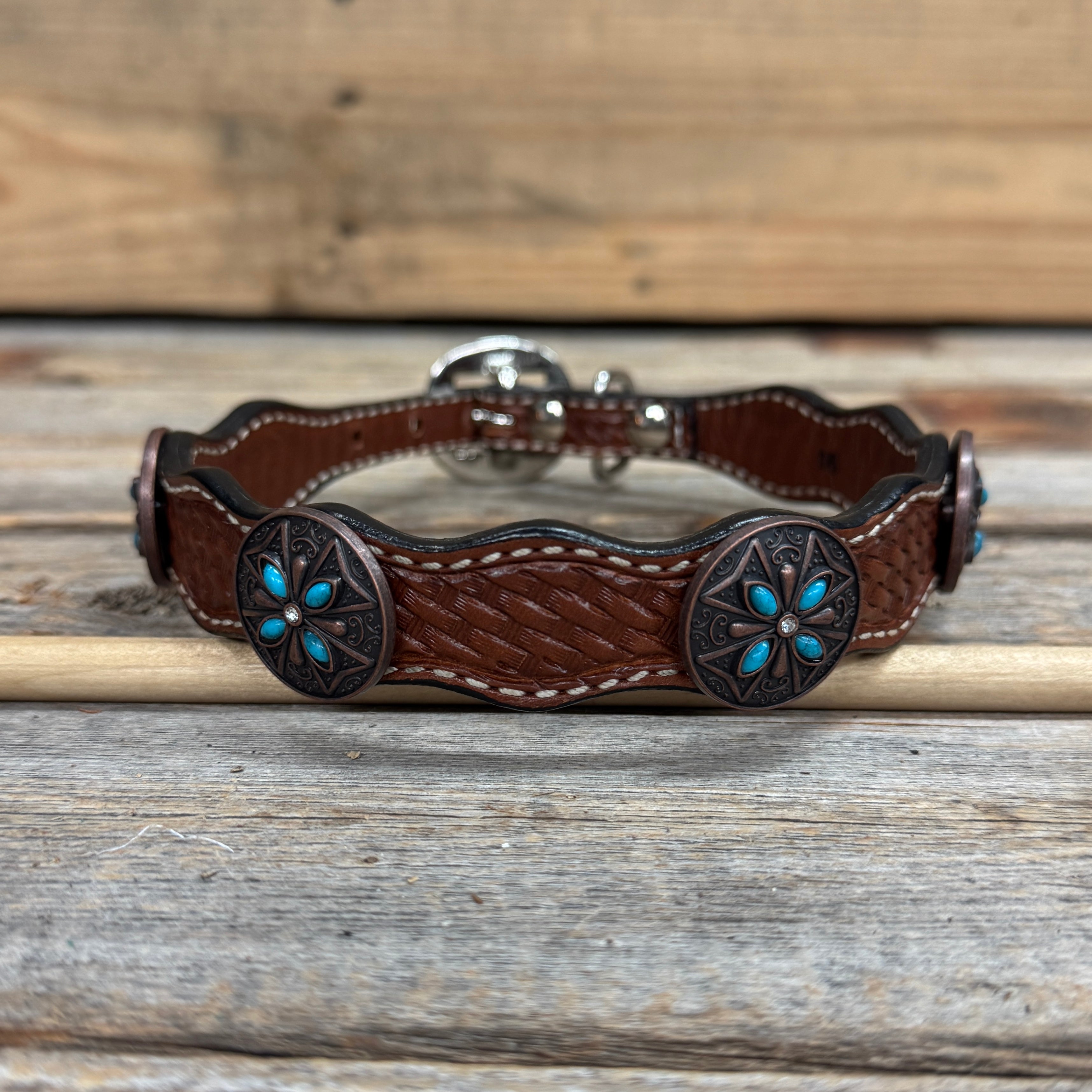 Genuine Leather Dog Collar or Leash with Copper Turquoise & Clear Conchos 10" - 22"|W138|DC78