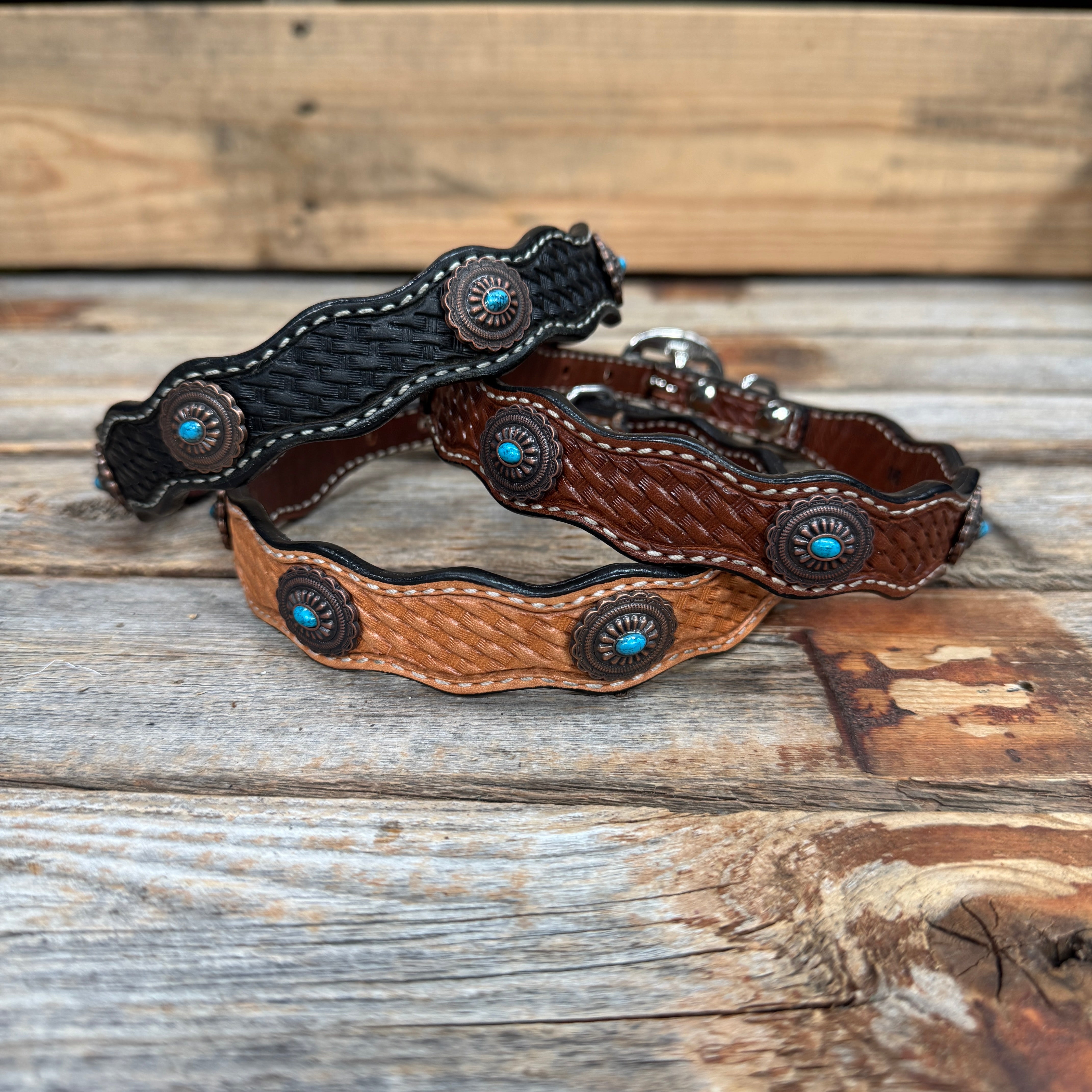 Genuine Leather Dog Collar or Leash With Oval Copper Turquoise Conchos 10" to 22" or W179S or DC76