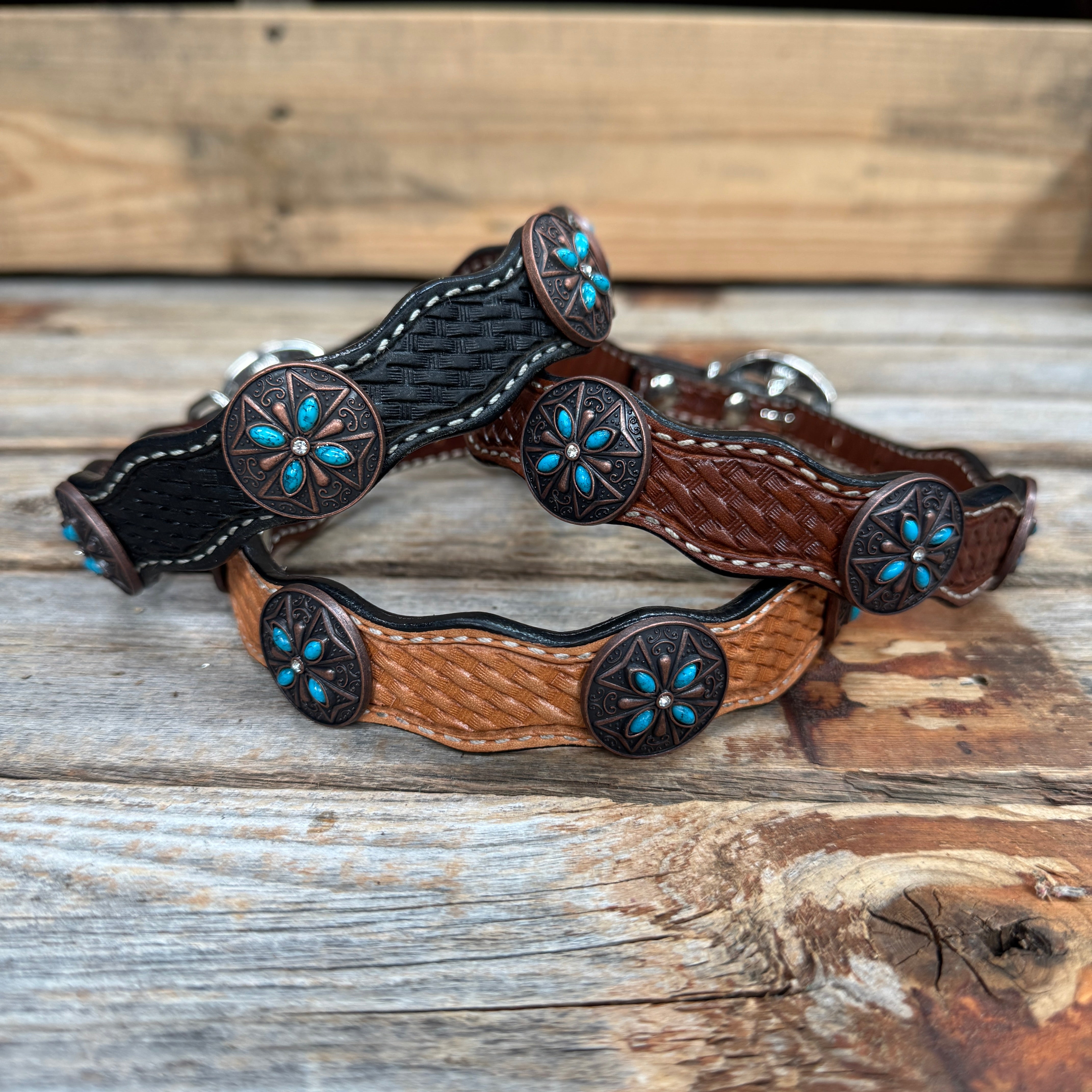 Genuine Leather Dog Collar or Leash with Copper Turquoise & Clear Conchos 10" - 22"|W138|DC78