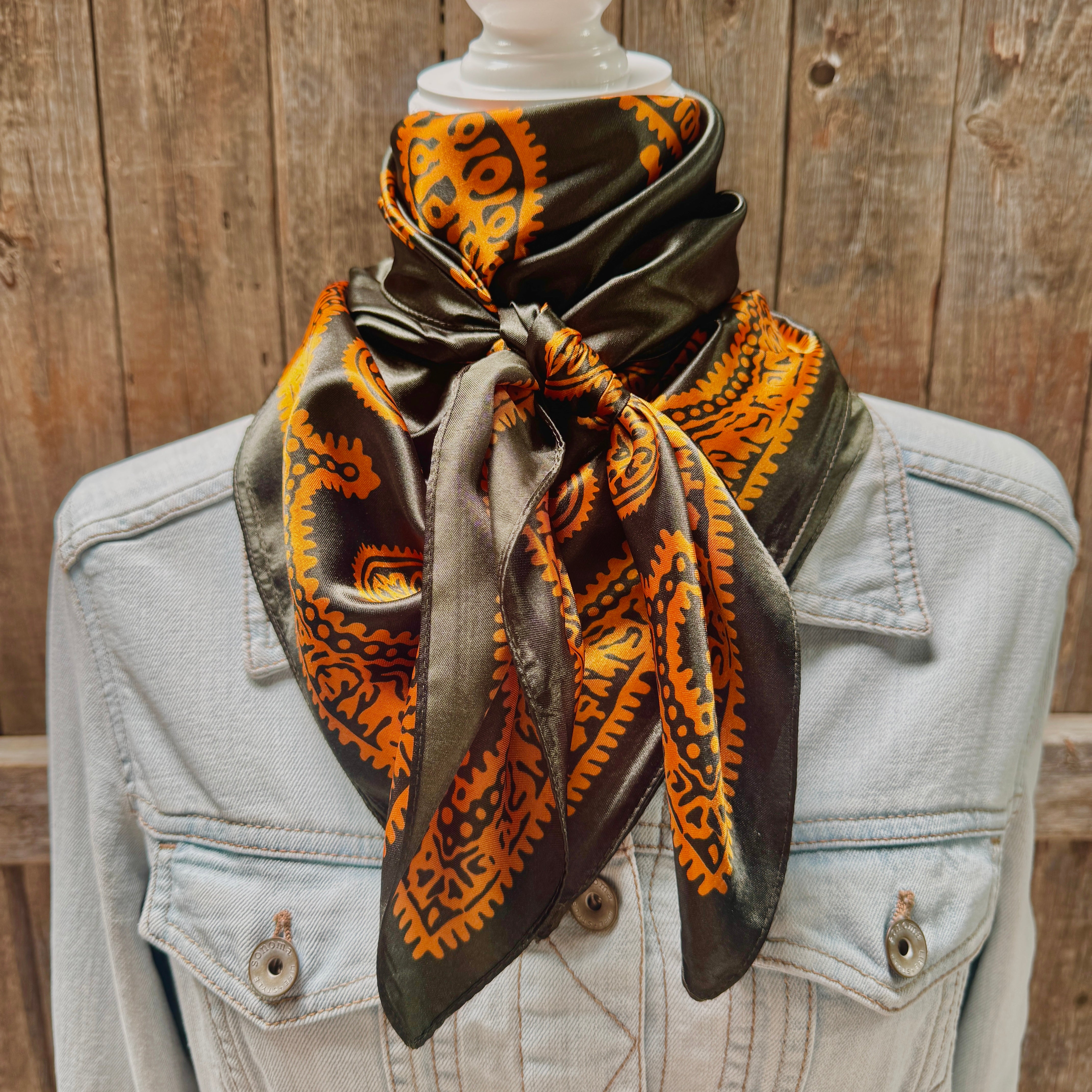 35X35" Dark Olive & Orange Paisley Wild Rag | Scarf WR3453