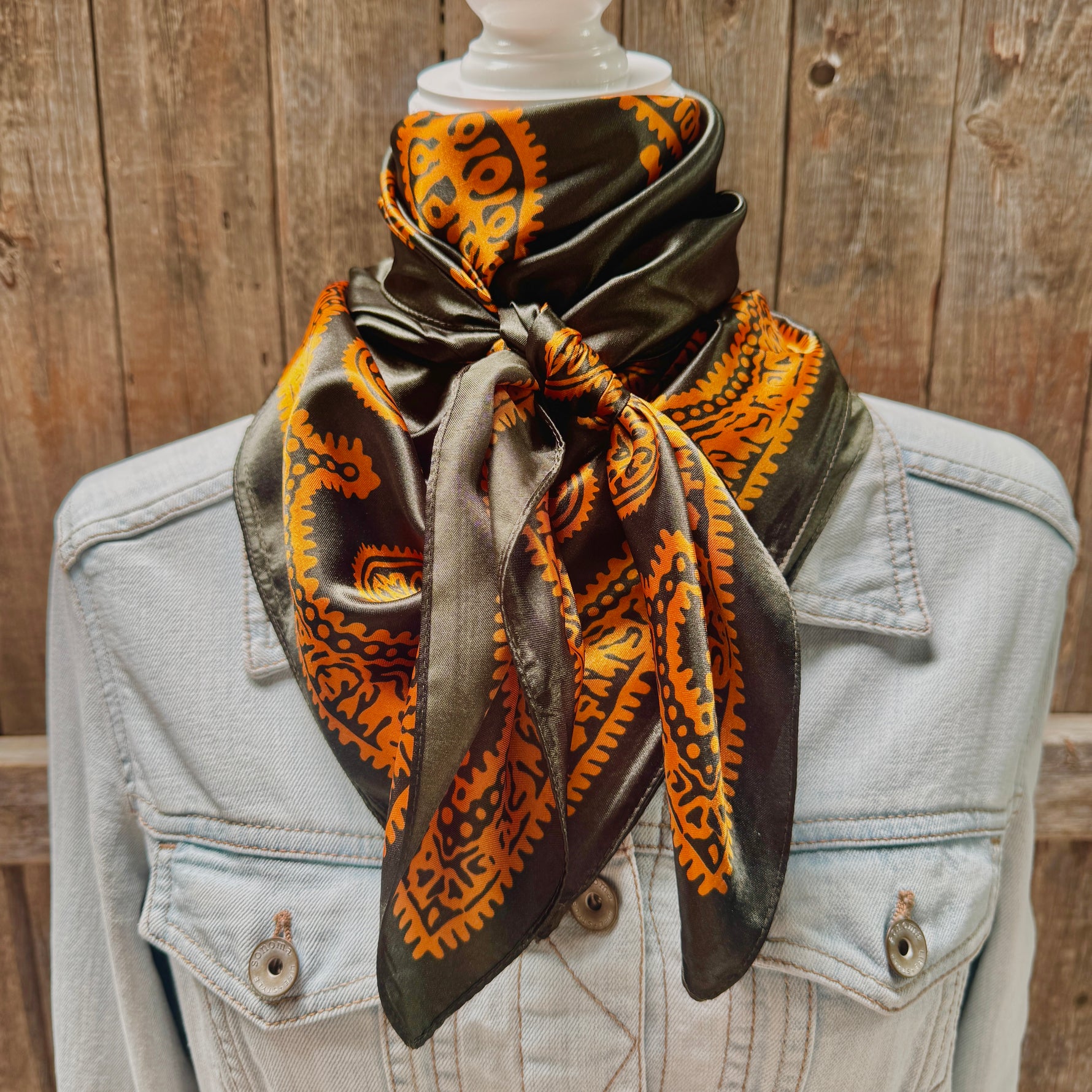 35X35" Dark Olive & Orange Paisley Wild Rag | Scarf WR3453
