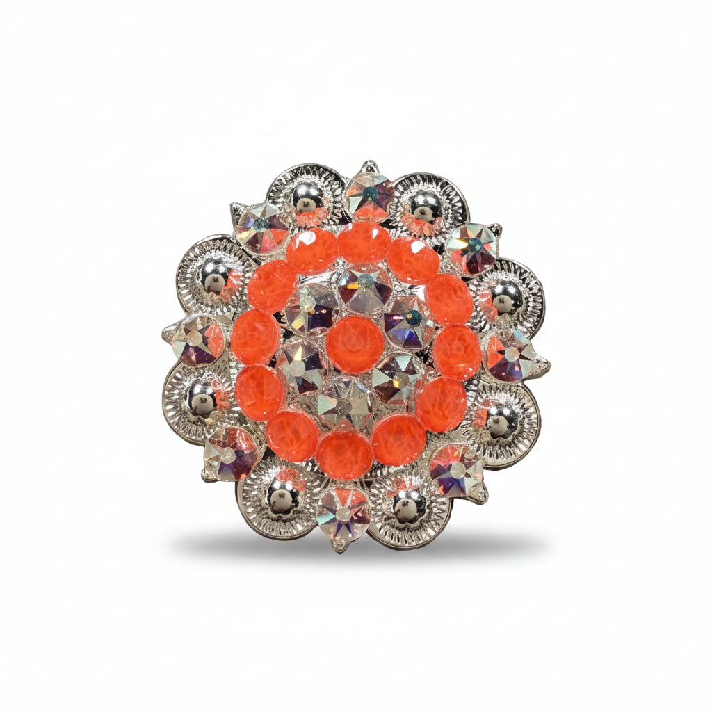 Bright Silver Neon Orange - AB Crystal Conchos | Sizes 1"- 3" | Buckles | Saddle Set | Leather Rosettes | Slide
