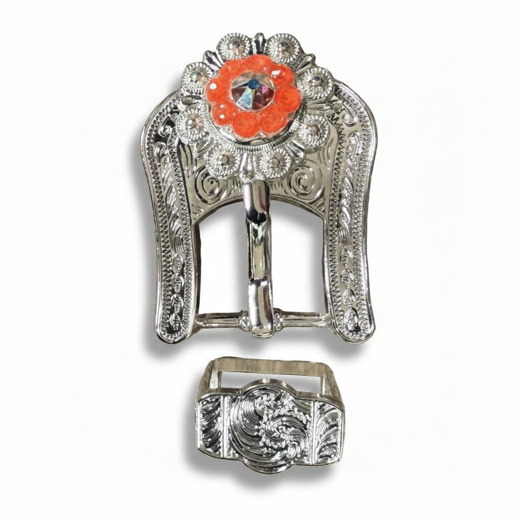 Bright Silver Neon Orange - AB Crystal Conchos | Sizes 1"- 3" | Buckles | Saddle Set | Leather Rosettes | Slide